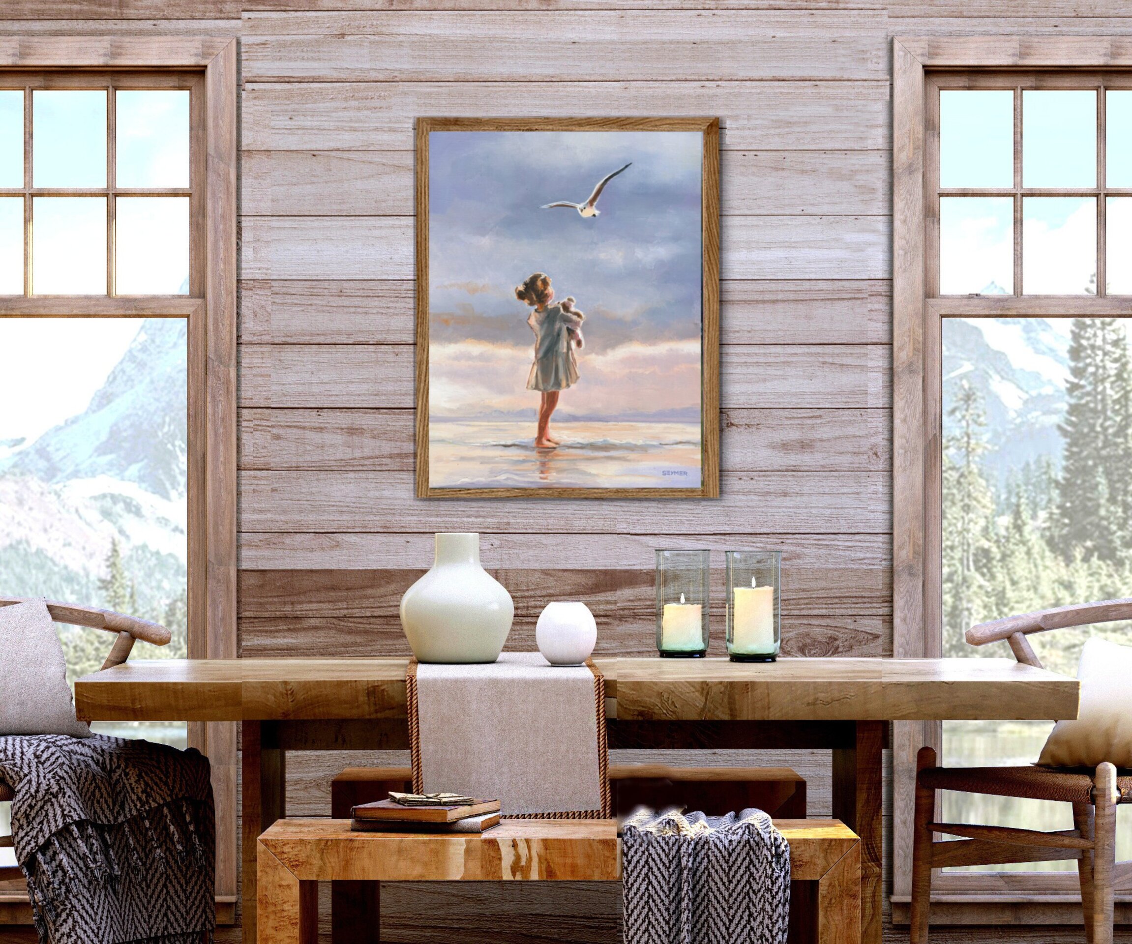 Pintura de niña en la playa con gaviota volando sobre el mar, Sentimiento de paz - 7