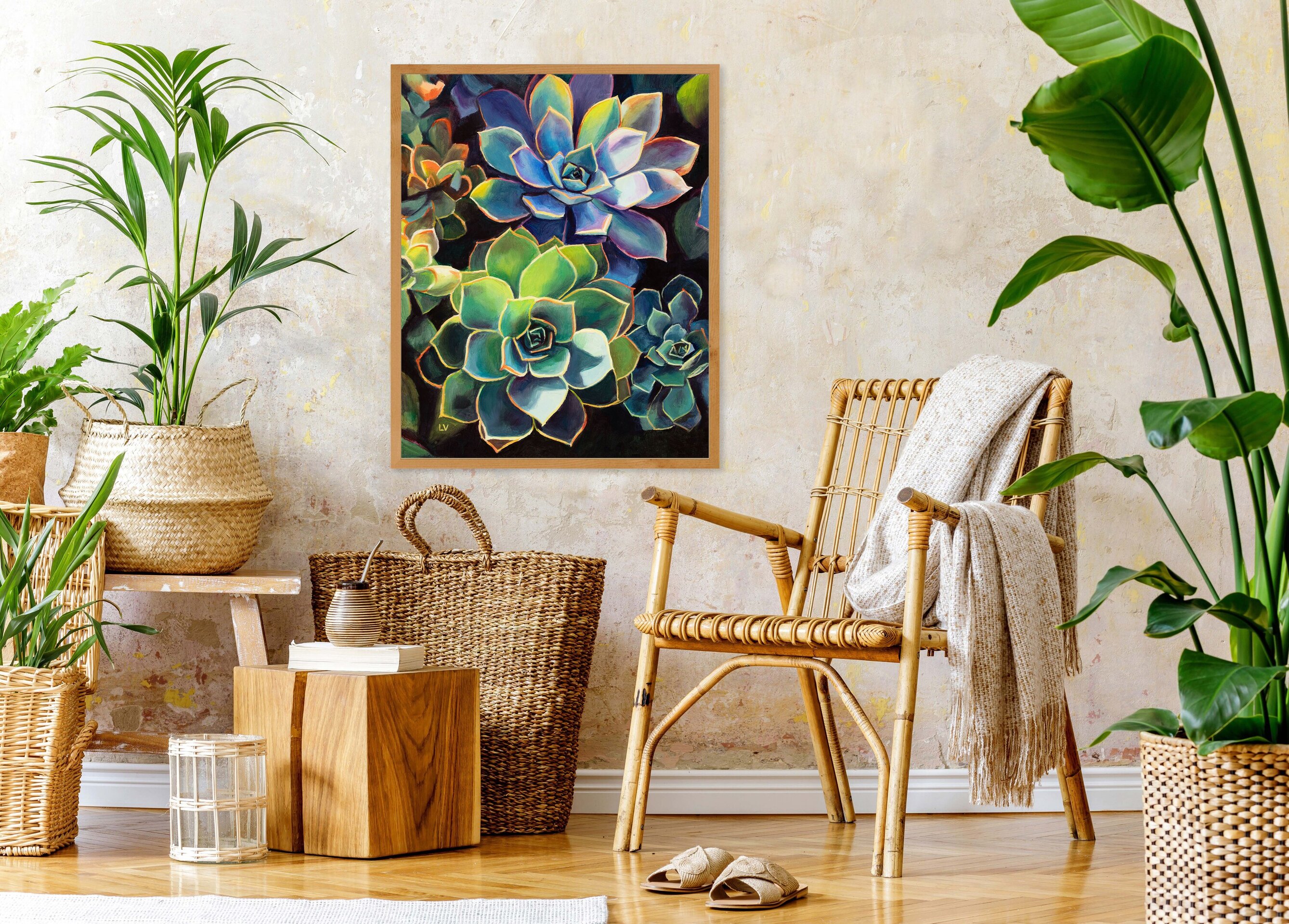 Coloridas plantas suculentas cuadro al óleo, Pintura boho floral de cactus - 13