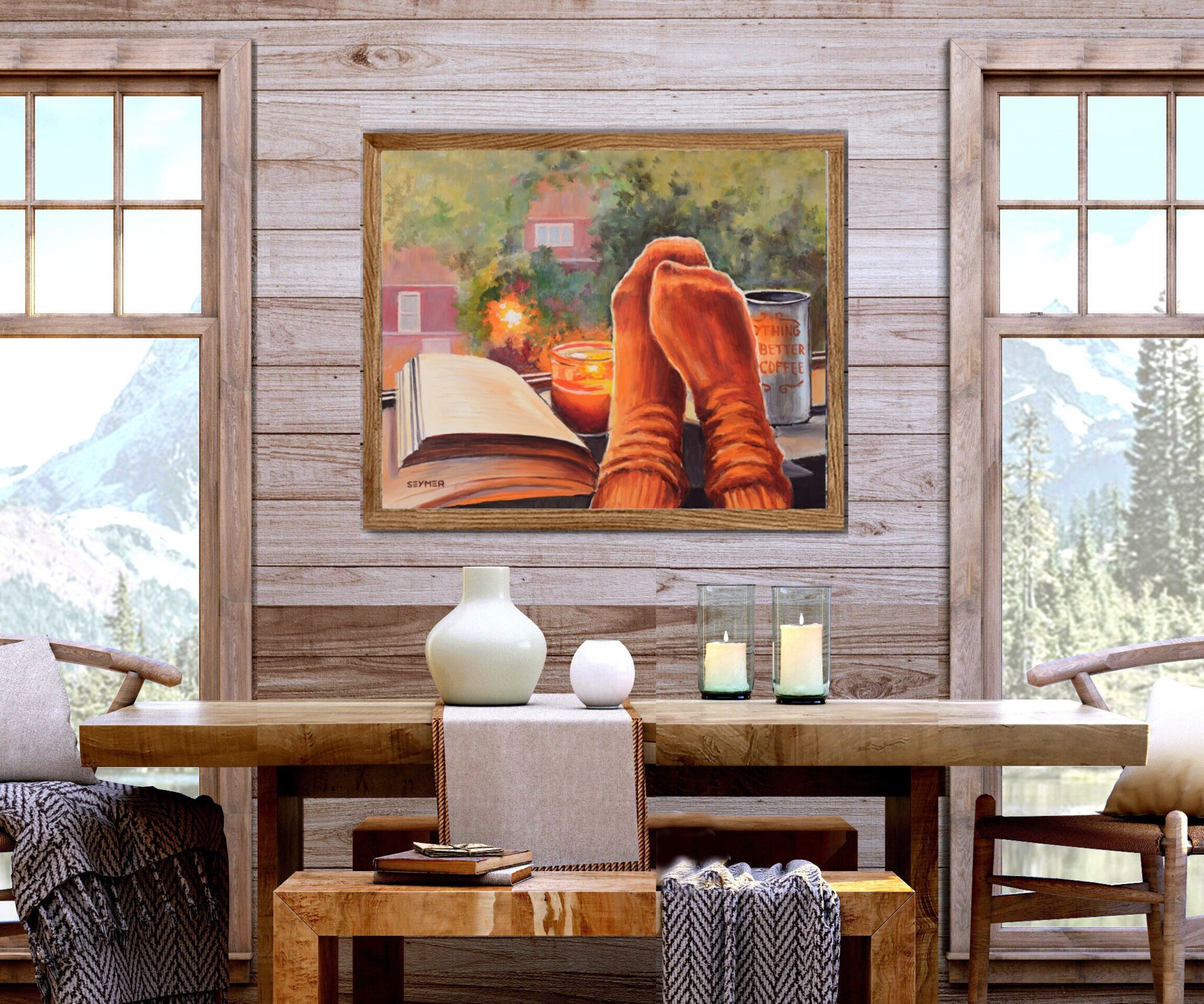 Pintura de un cálido hogar en otoño, un café, un libro y una vela en la ventana - 10