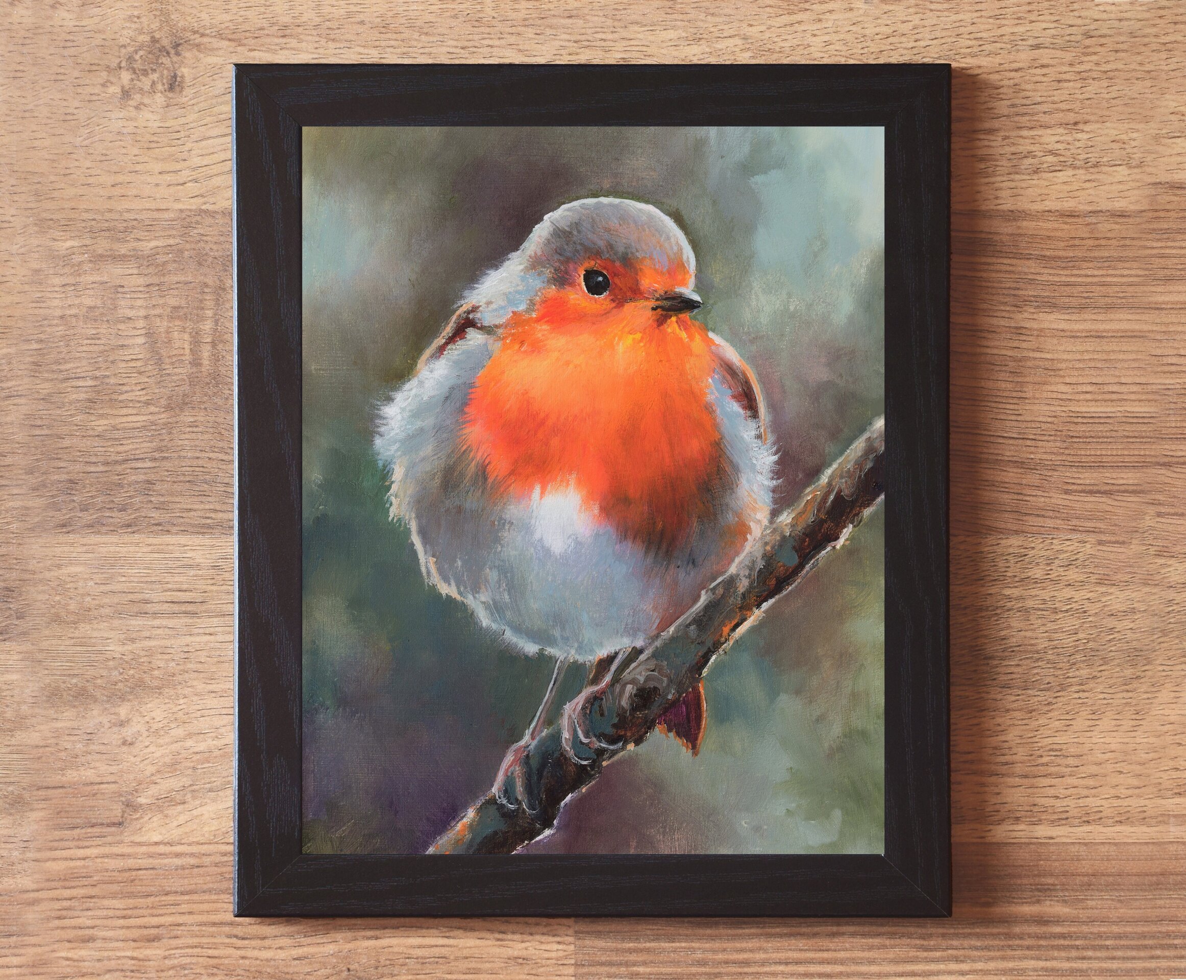 Pintura de pájaro petirrojo sobre rama libre y felíz, Arte de realismo animal - 2