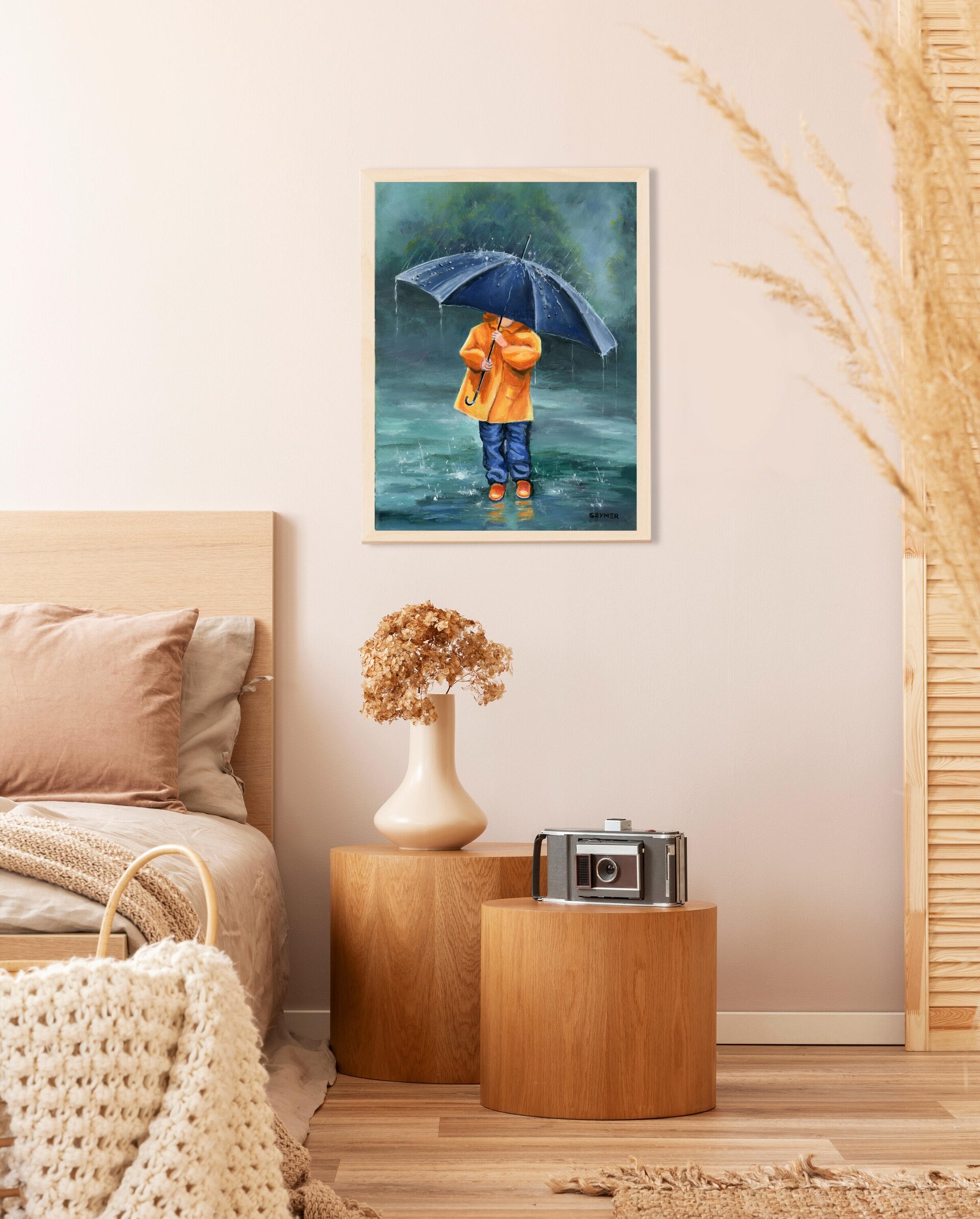 Niña con paraguas e impermeable en día de lluvia con charcos, pintura infantil - 6