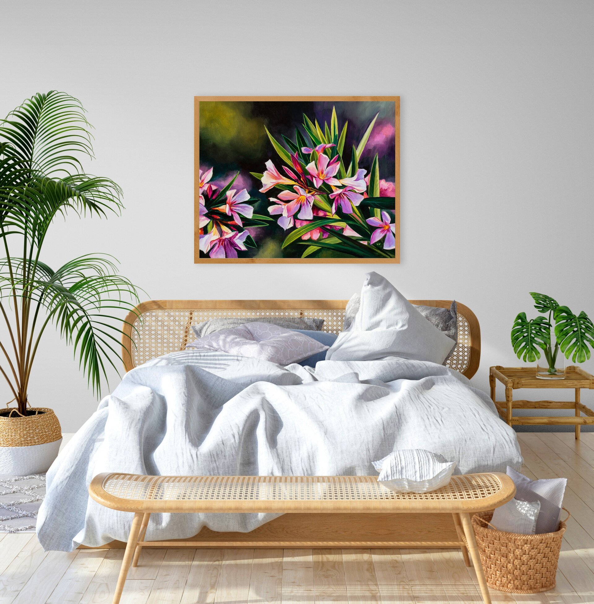 Cuadro al óleo de flores rosa de adelfa, Pintura de bodegón floral de verano - 5