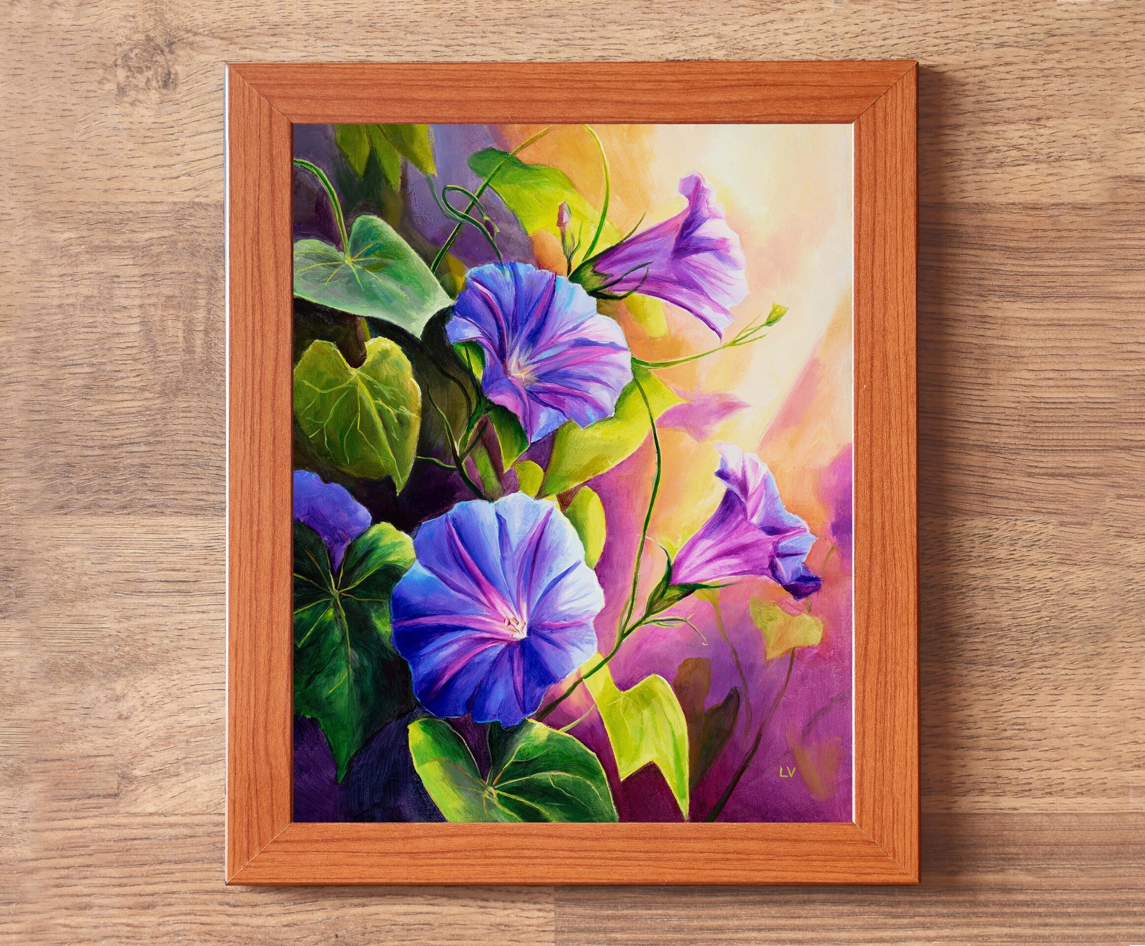 Flores de campanilla moradas en el jardín cuadro al óleo, Pintura botánica - 3