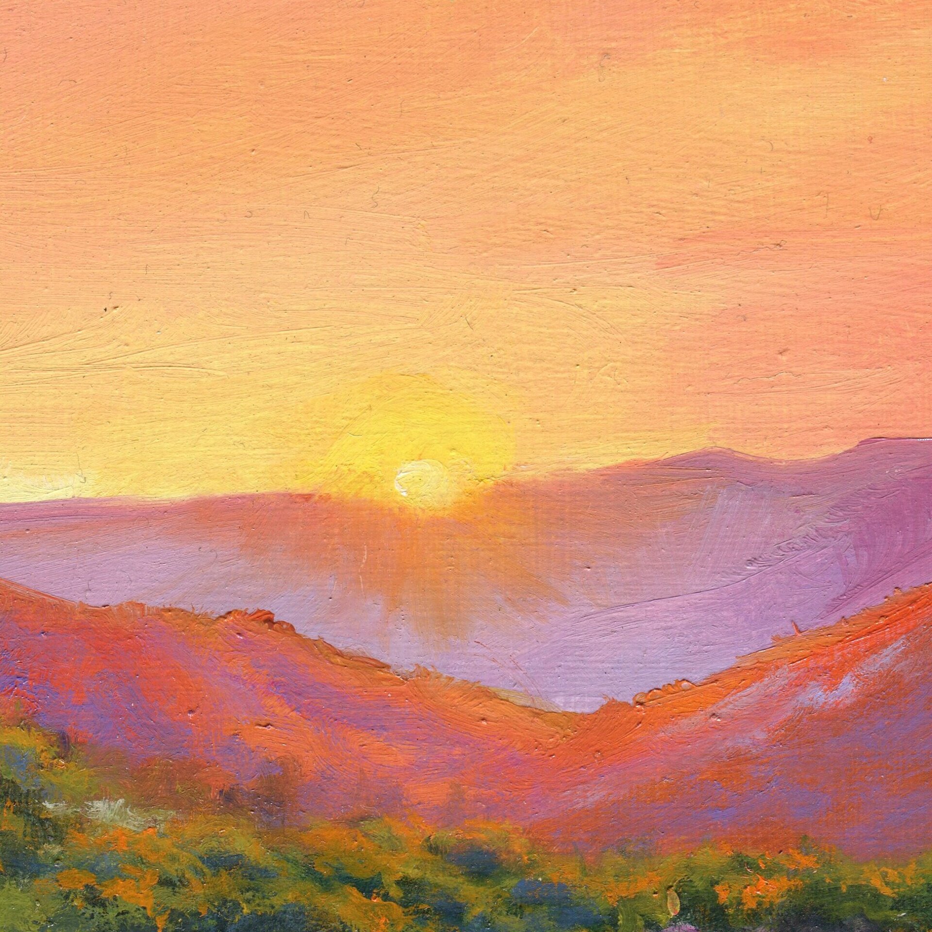 Óleo de desierto con colores intensos naranjas y azules. Montañas y profundidad - 9