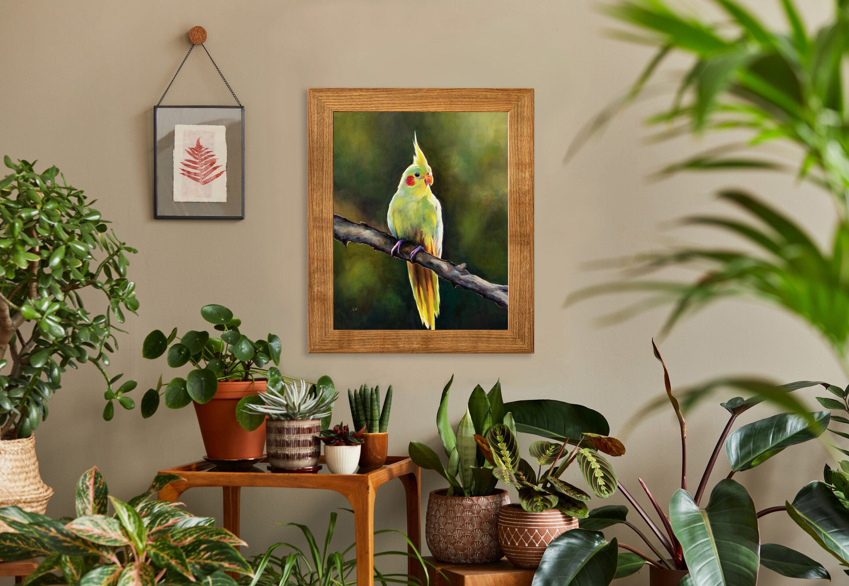 Retrato de ninfa amarilla al óleo, Pintura de pájaro tropical sobre una rama - 10