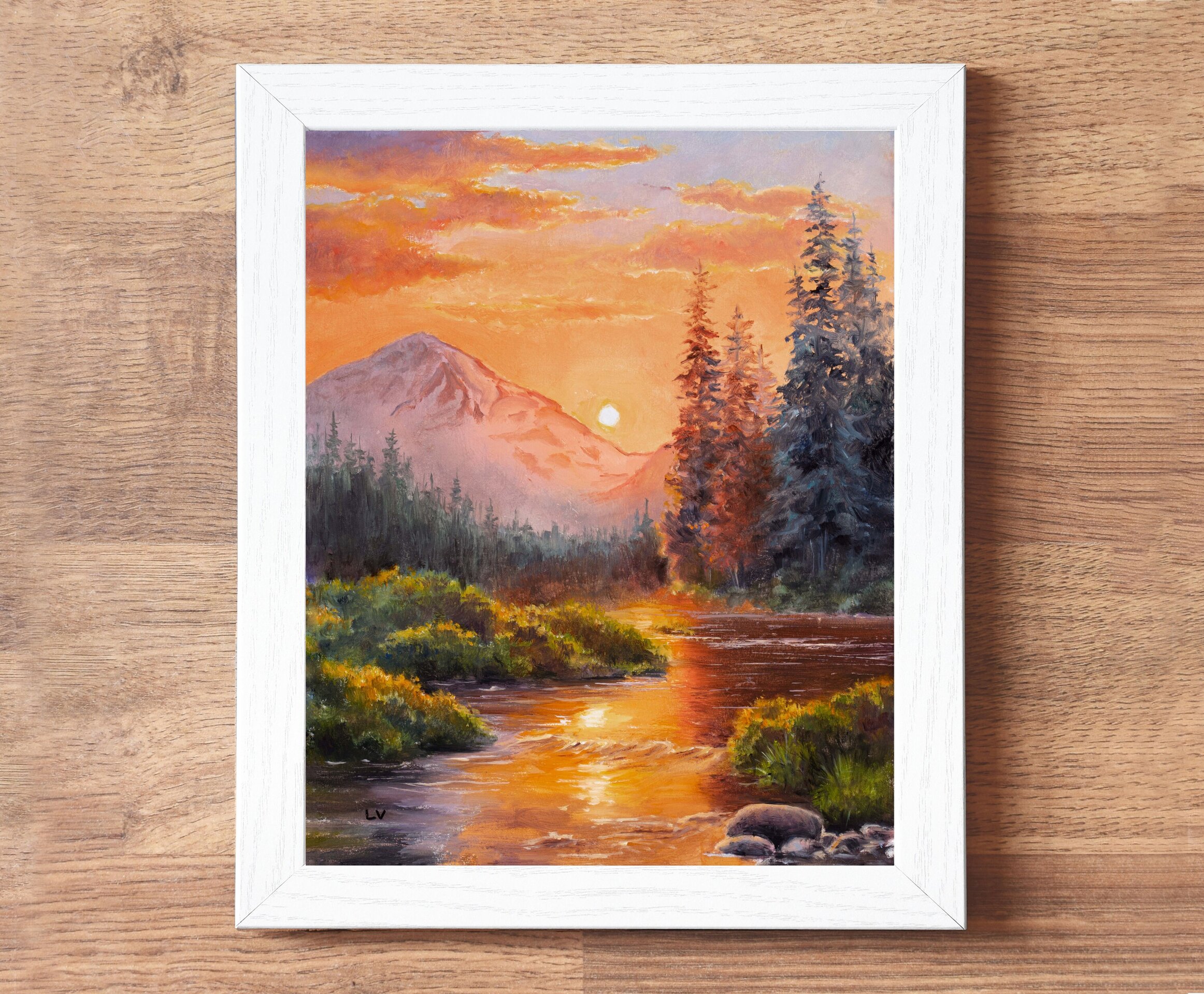 Río de montaña al atardecer con abetos, Paisaje de cielo vibrante, tonos cálidos - 4