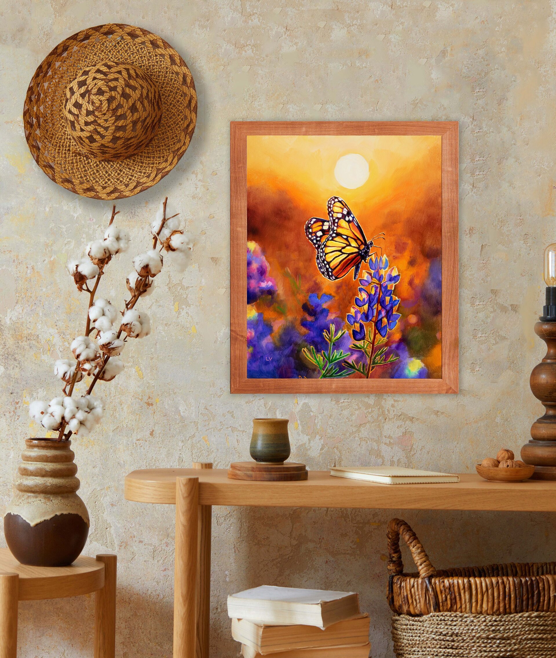 Cuadro al óleo de mariposa monarca sobre flores moradas al atardecer - 7