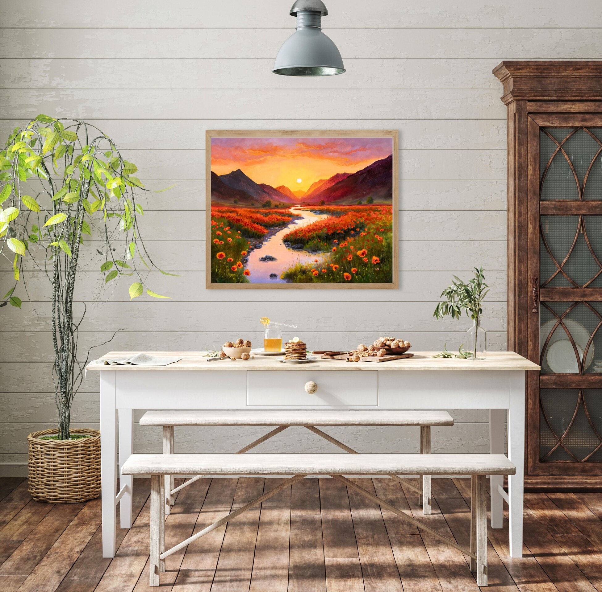 Río con flores en puesta de sol. Pintura vibrante de atardecer con amapolas - 7