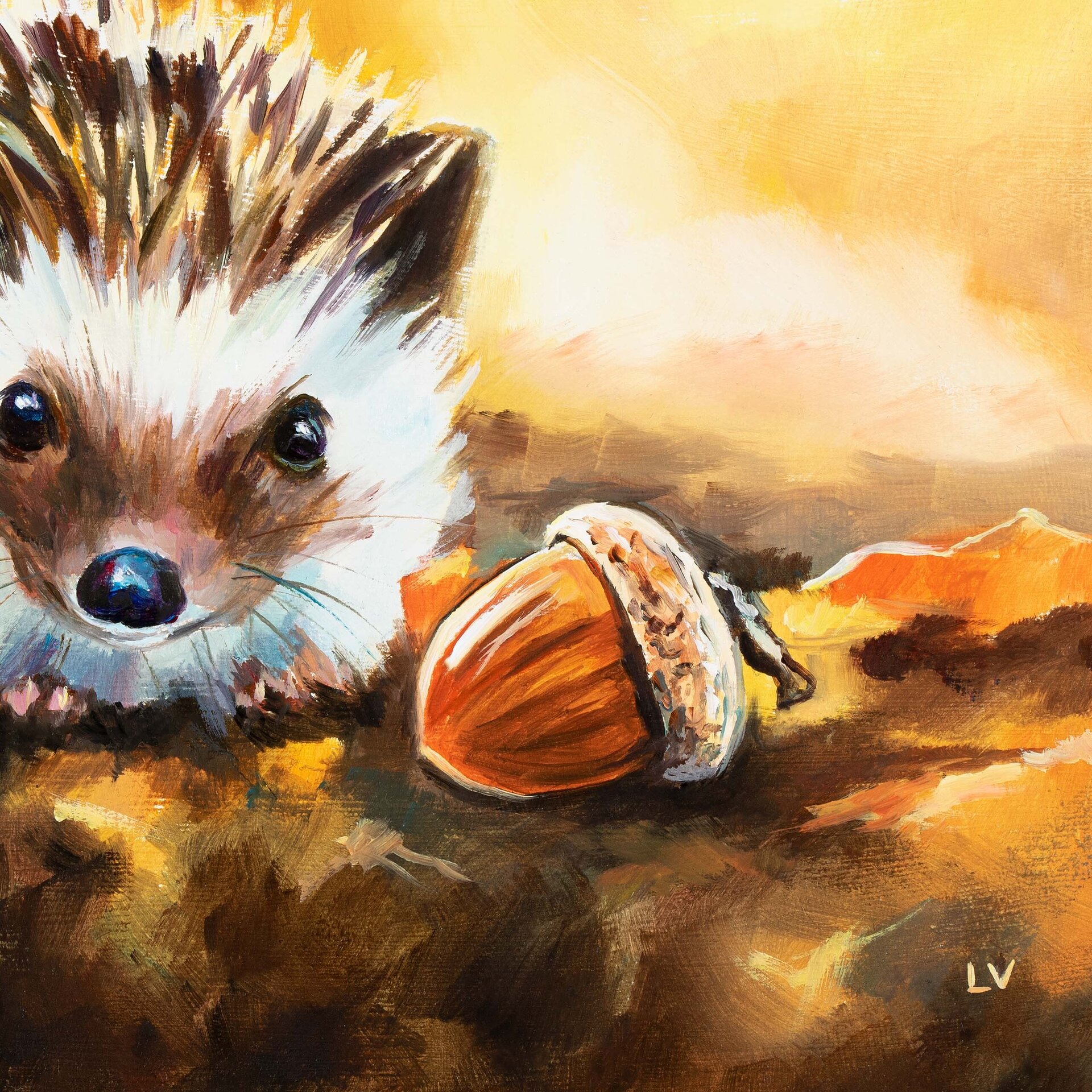 Cuadro de erizo con una bellota en el bosque otoñal, Pintura infantil animales - 12