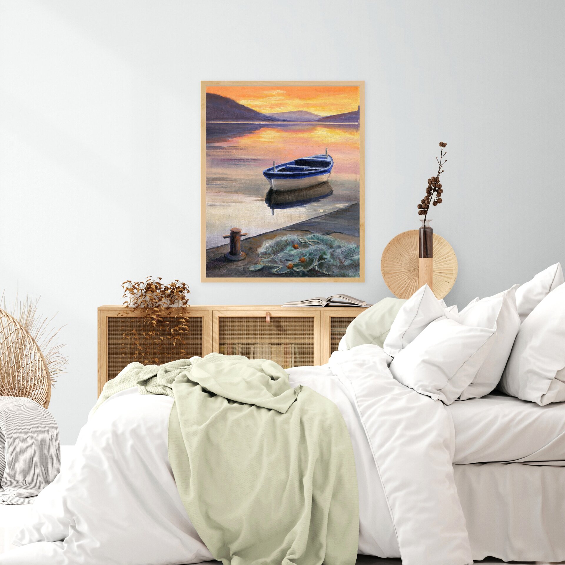 Pintura de barca de pesca con red en muelle al atardecer, Regalo para pescador - 10