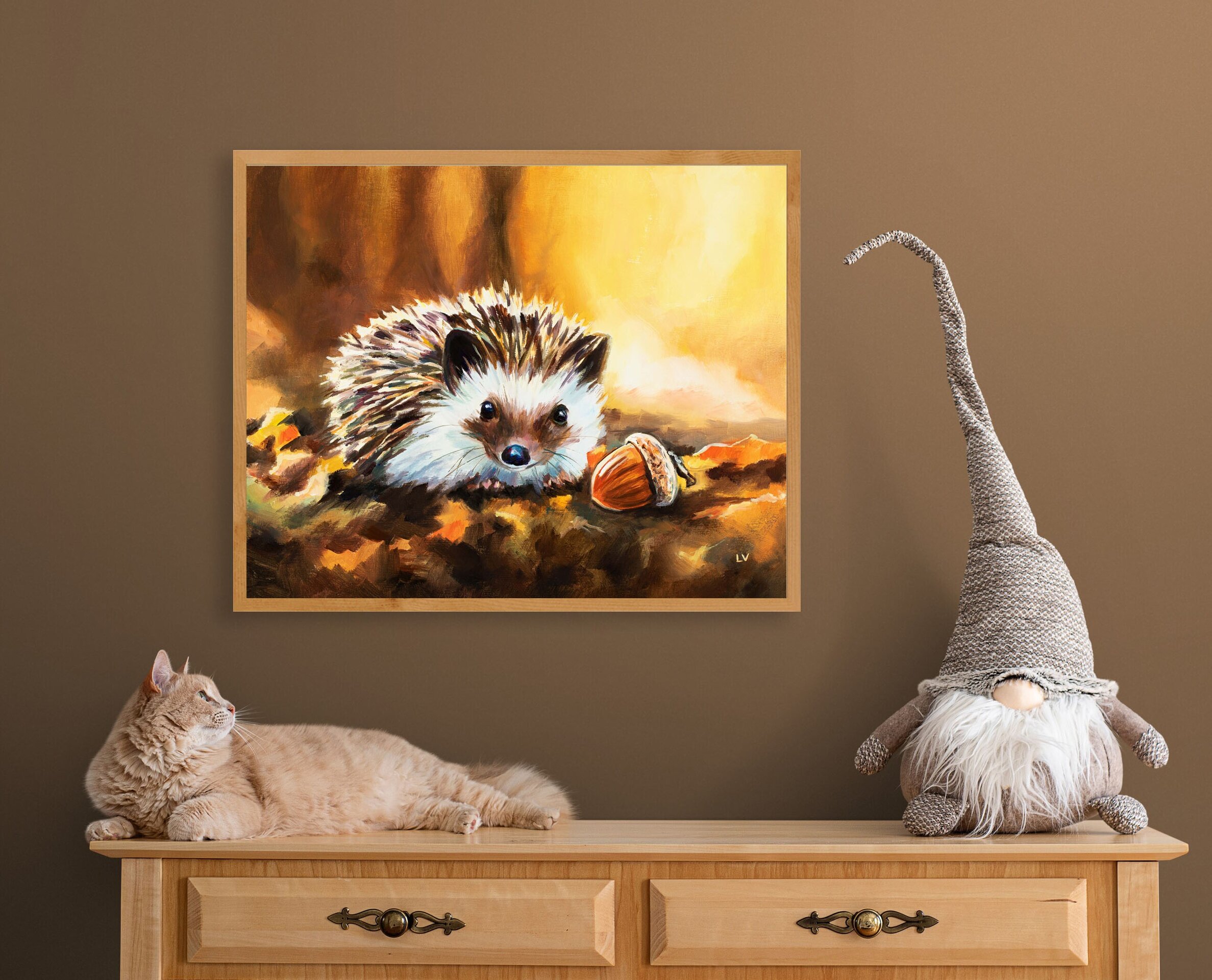 Cuadro de erizo con una bellota en el bosque otoñal, Pintura infantil animales - 6