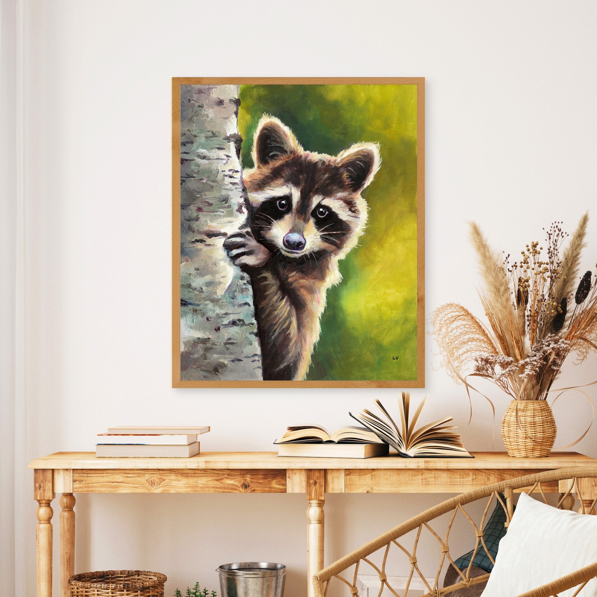 Retrato al óleo de un mapache asomado en un tronco, Pintura realista de animales - 5