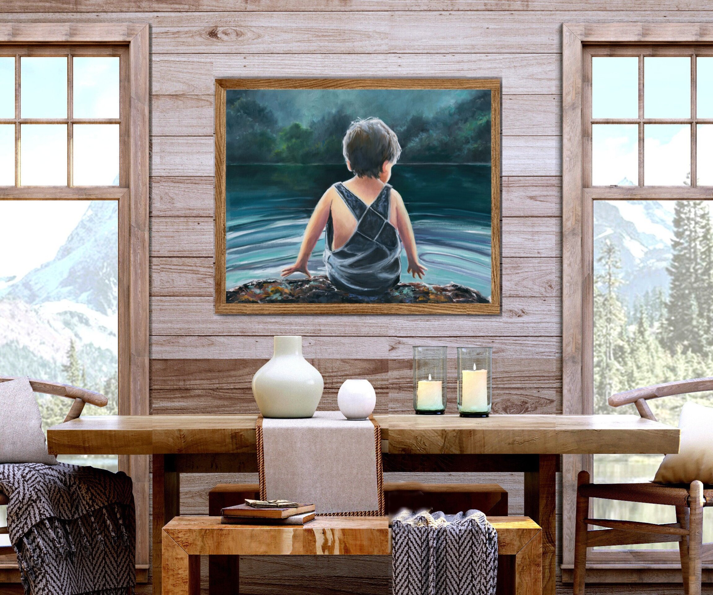 Pintura de lago de noche con niño jugando con el agua bajo reflejo de luna llena - 6