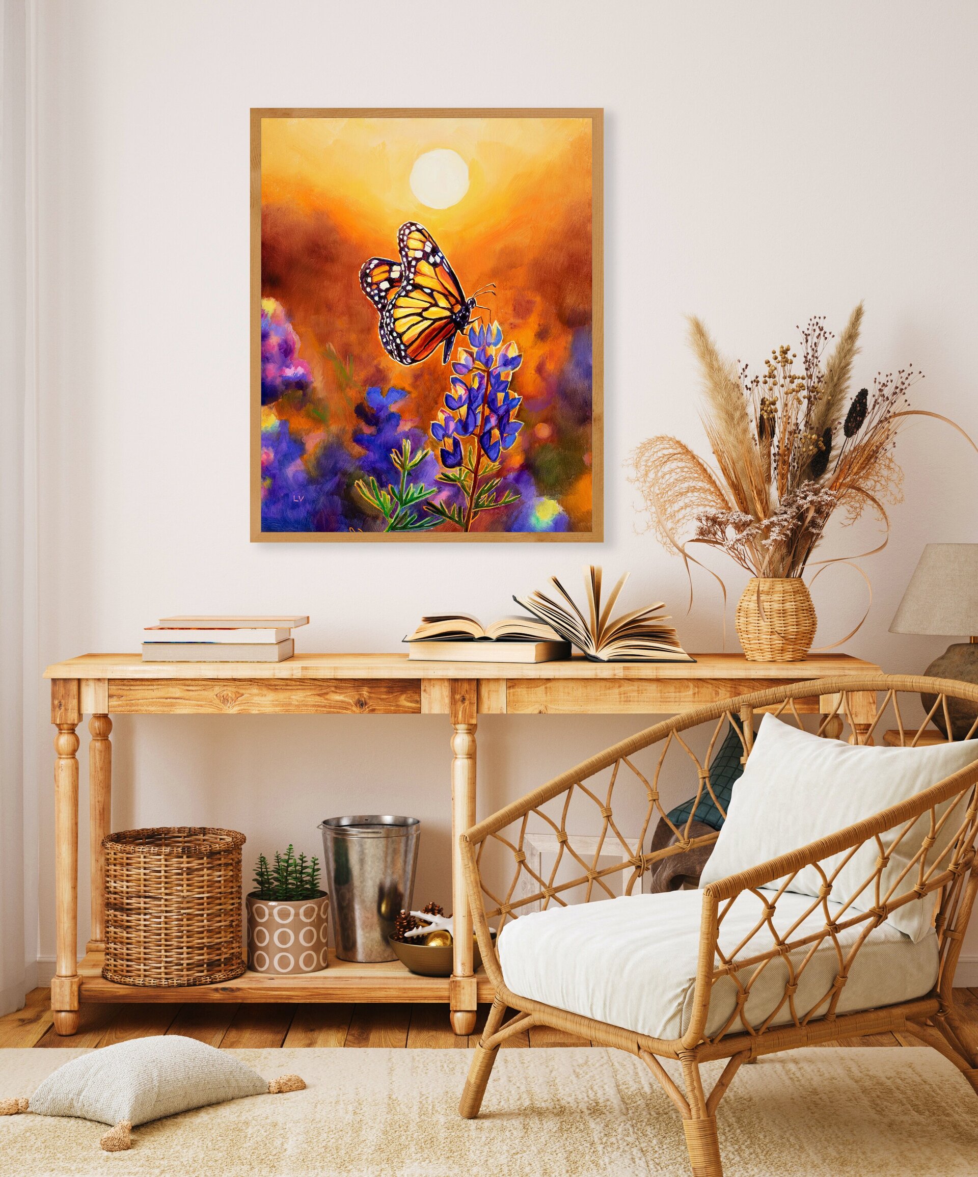 Cuadro al óleo de mariposa monarca sobre flores moradas al atardecer - 5