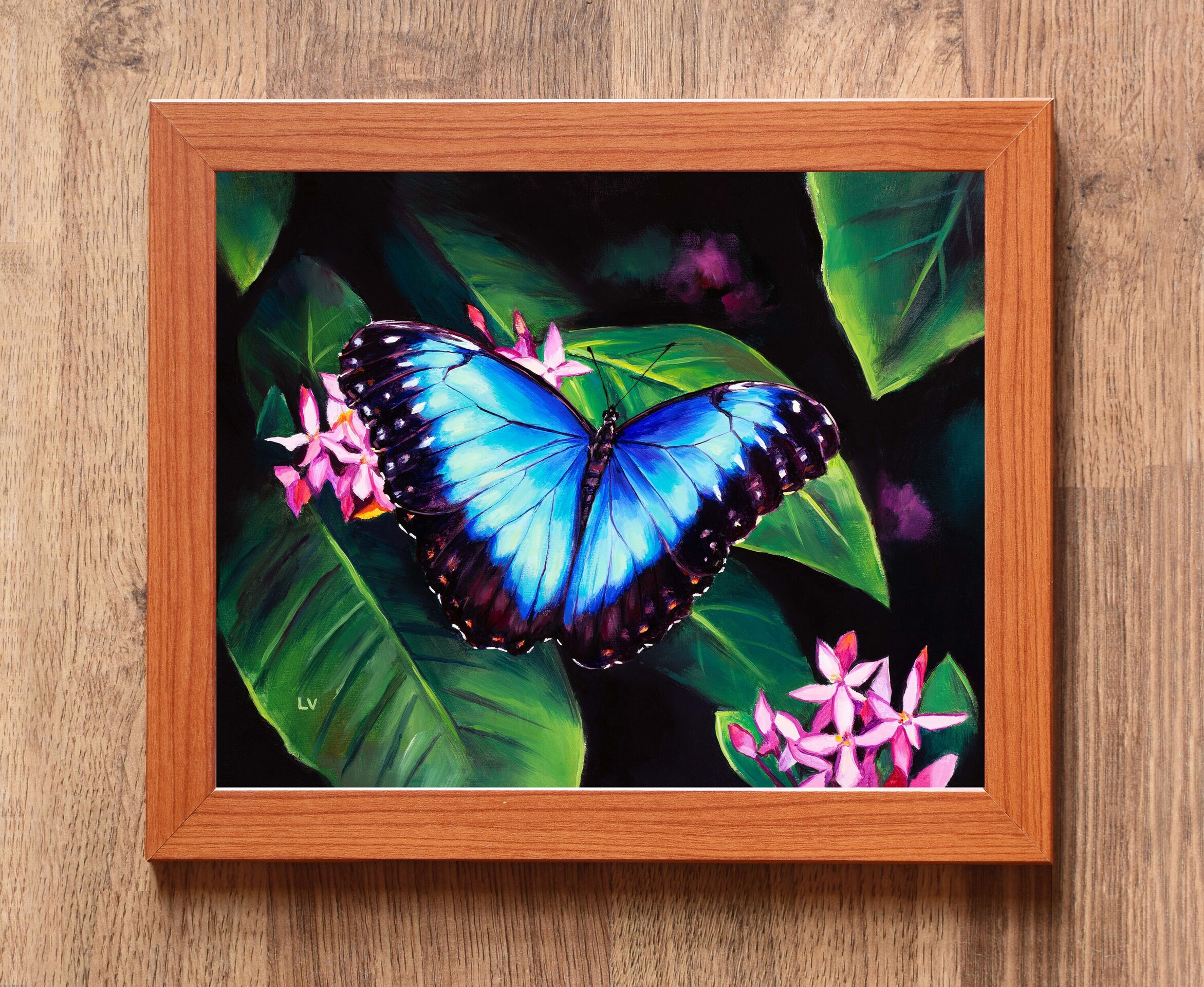 Cuadro de mariposa azul morpho sobre flores rosa, Pintura al óleo insecto jardín - 3