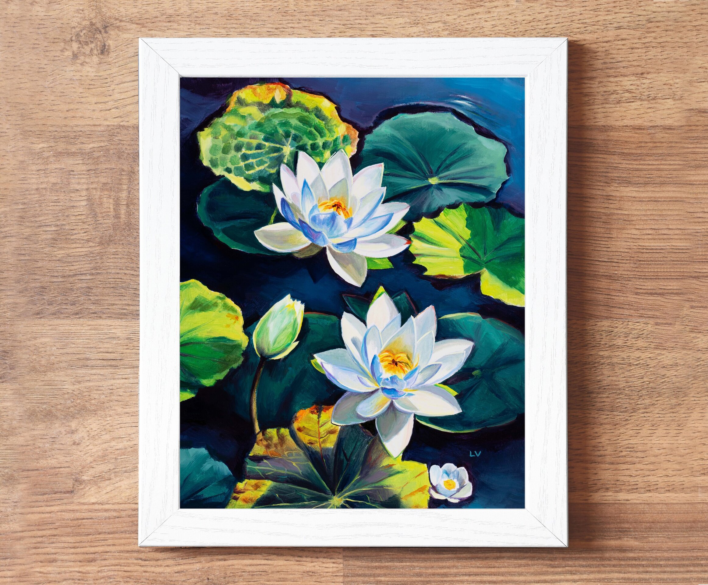 Flores de nenúfar blanco sobre el agua del estanque, Cuadro flores de loto óleo - 4