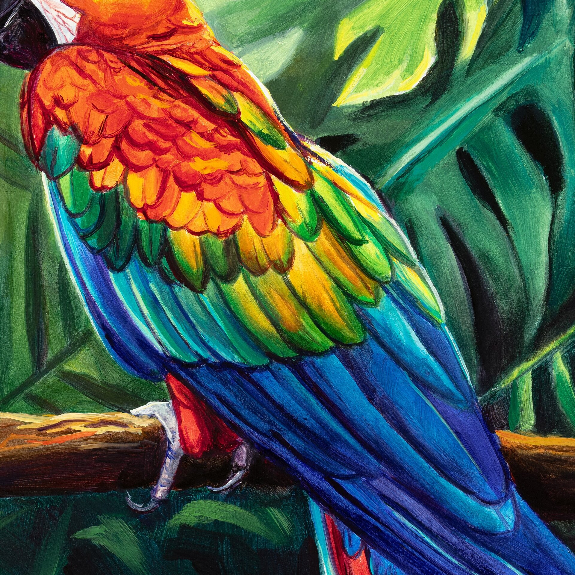 Cuadro de loro guacamayo rojo en la jungla, Pintura a óleo de animales salvajes - 12