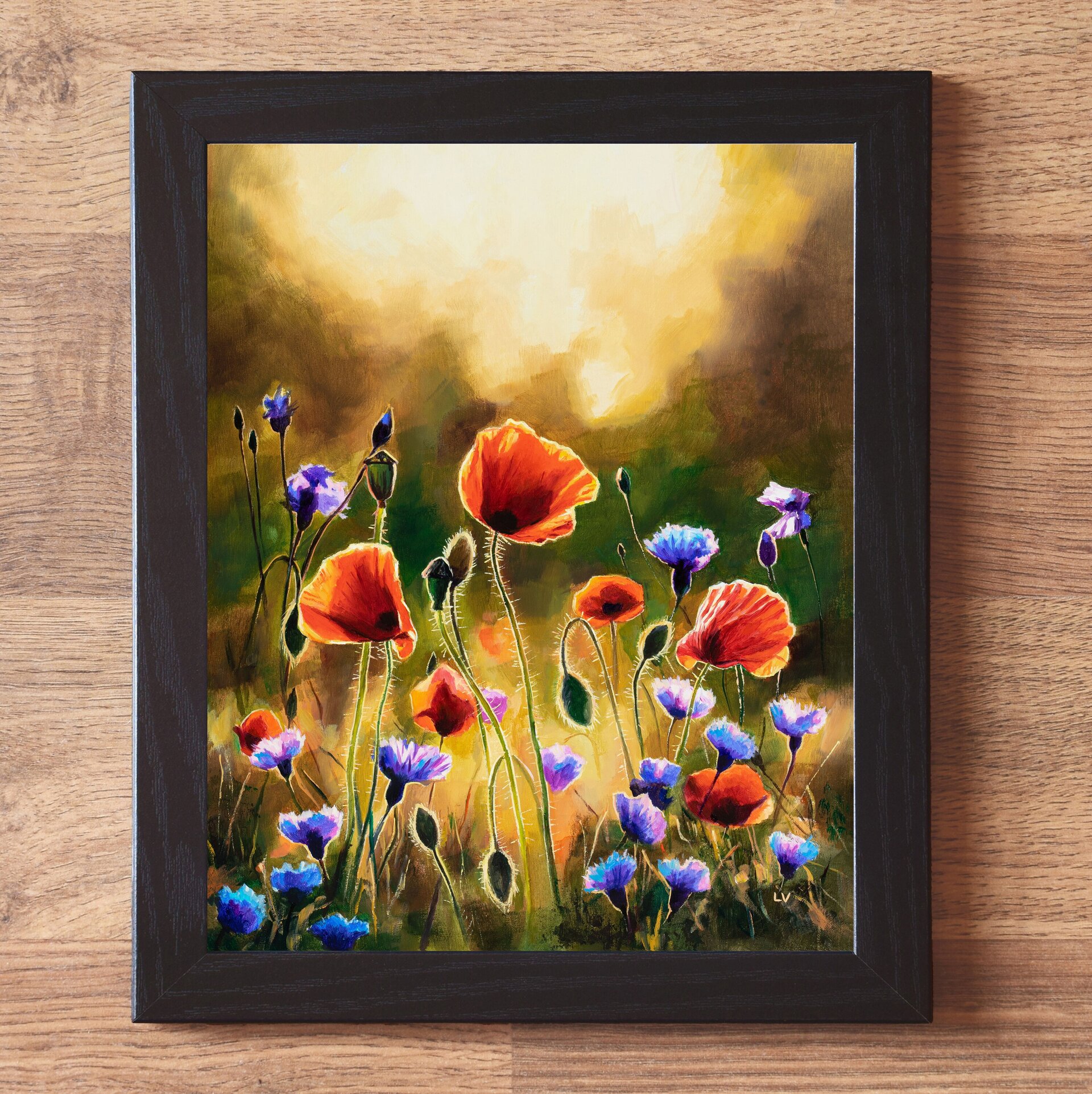 Cuadro colorido de amapolas y acianos en un campo de primavera al atardecer - 2