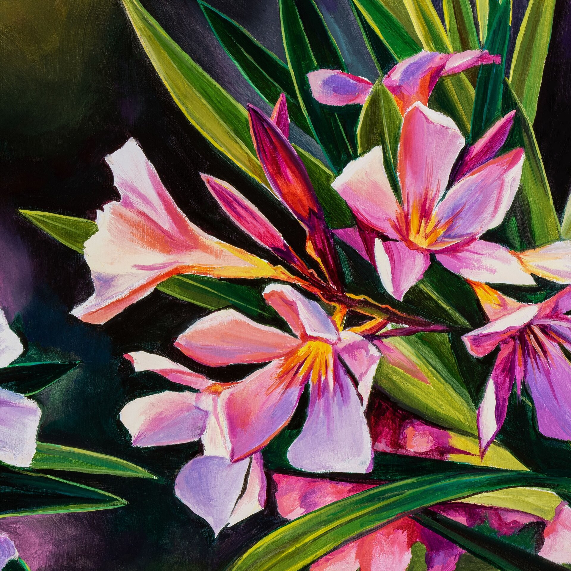 Cuadro al óleo de flores rosa de adelfa, Pintura de bodegón floral de verano - 8