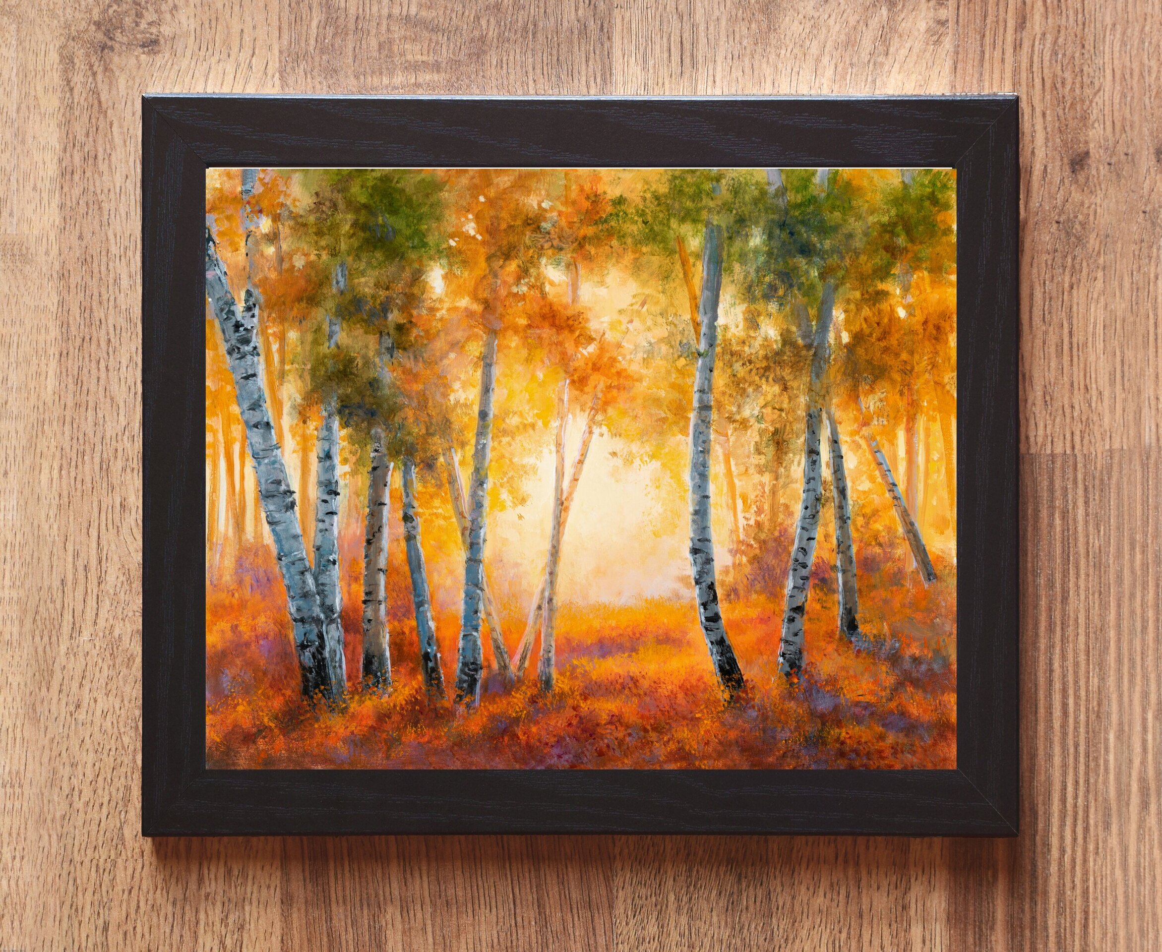 Bosque otoñal de abedules y luz entre los árboles, Óleo en tonos naranja y verde - 2