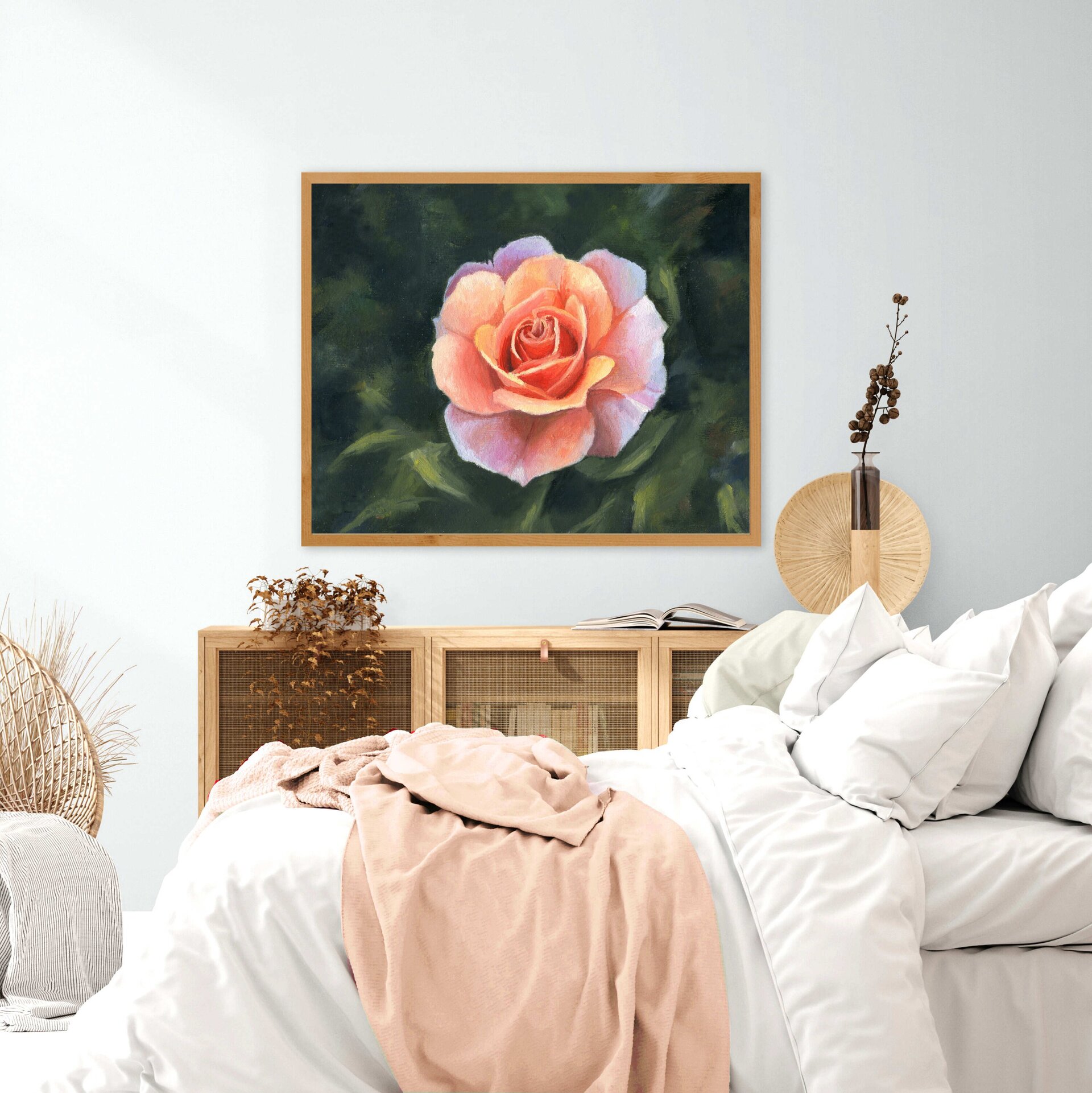 Pintura de Rosa delicada en jardín con plantas verdes. Sofisticación y elegancia - 5