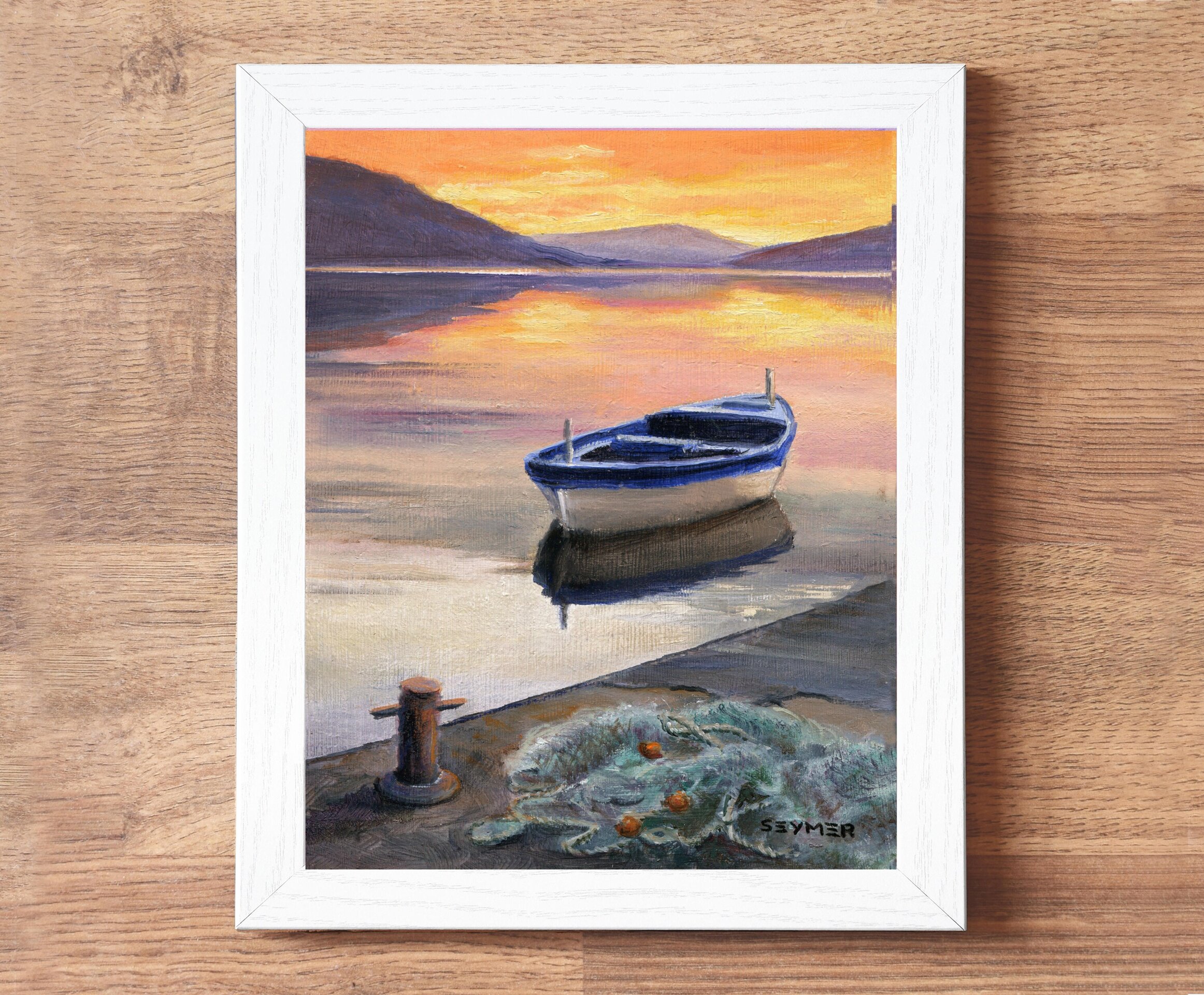 Pintura de barca de pesca con red en muelle al atardecer, Regalo para pescador - 4