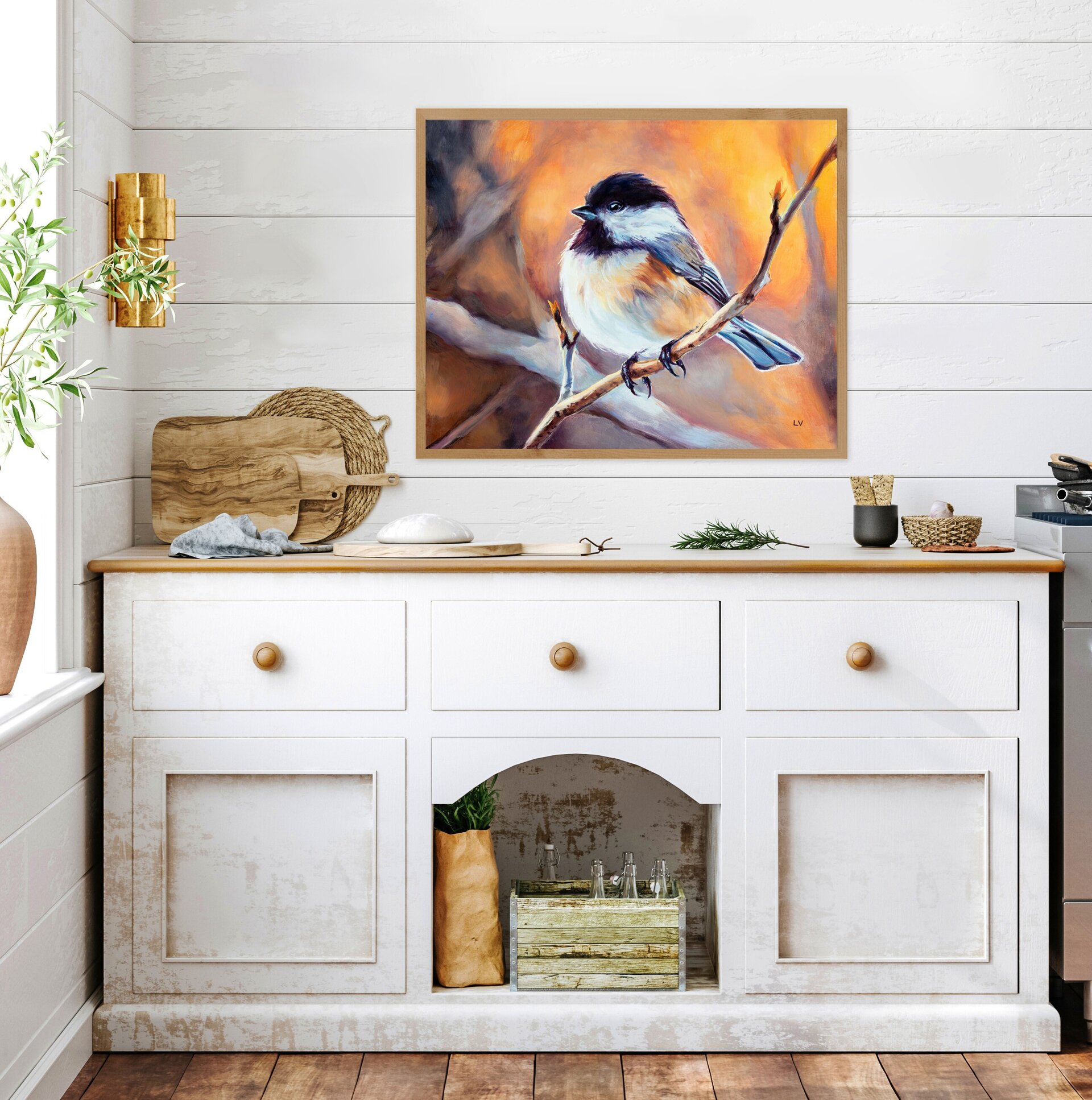 Pintura al óleo de pájaro carbonero cabecinegro sobre una rama del bosque - 10
