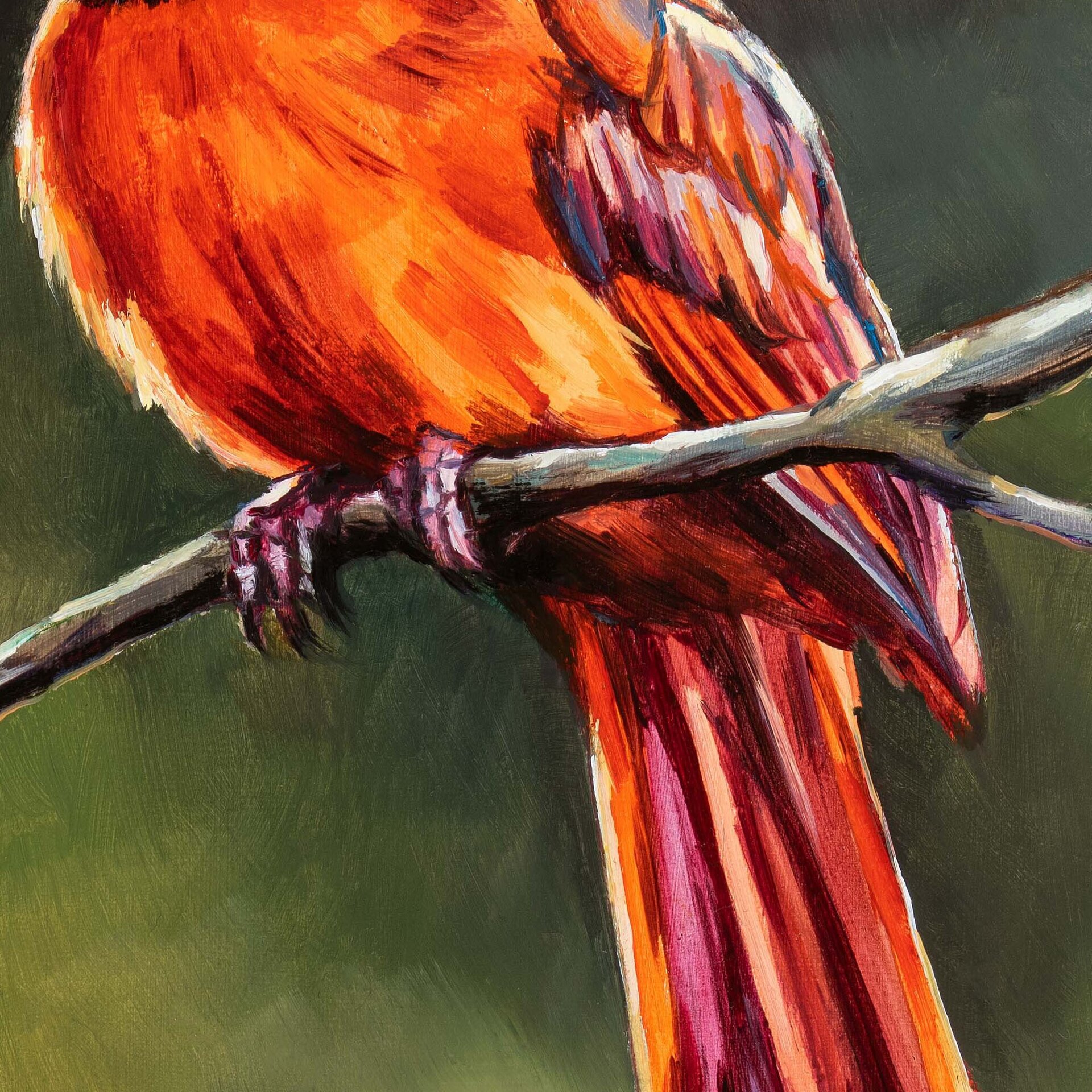 Retrato al óleo de un pajaro cardenal rojo sobre una rama, Pintura de animales - 8