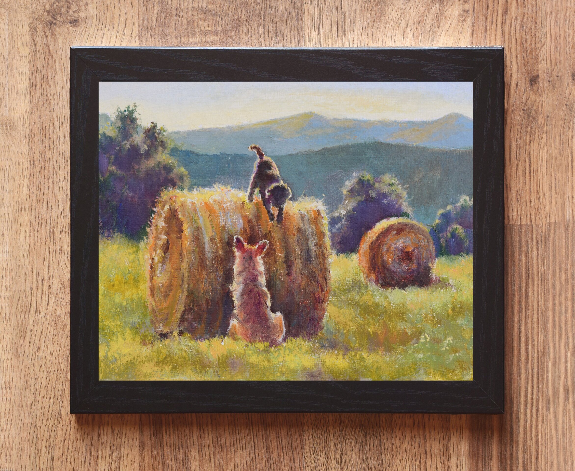 Óleo de perros jugando en bala de heno, Paisaje pintoresco, Animales, naturaleza - 2