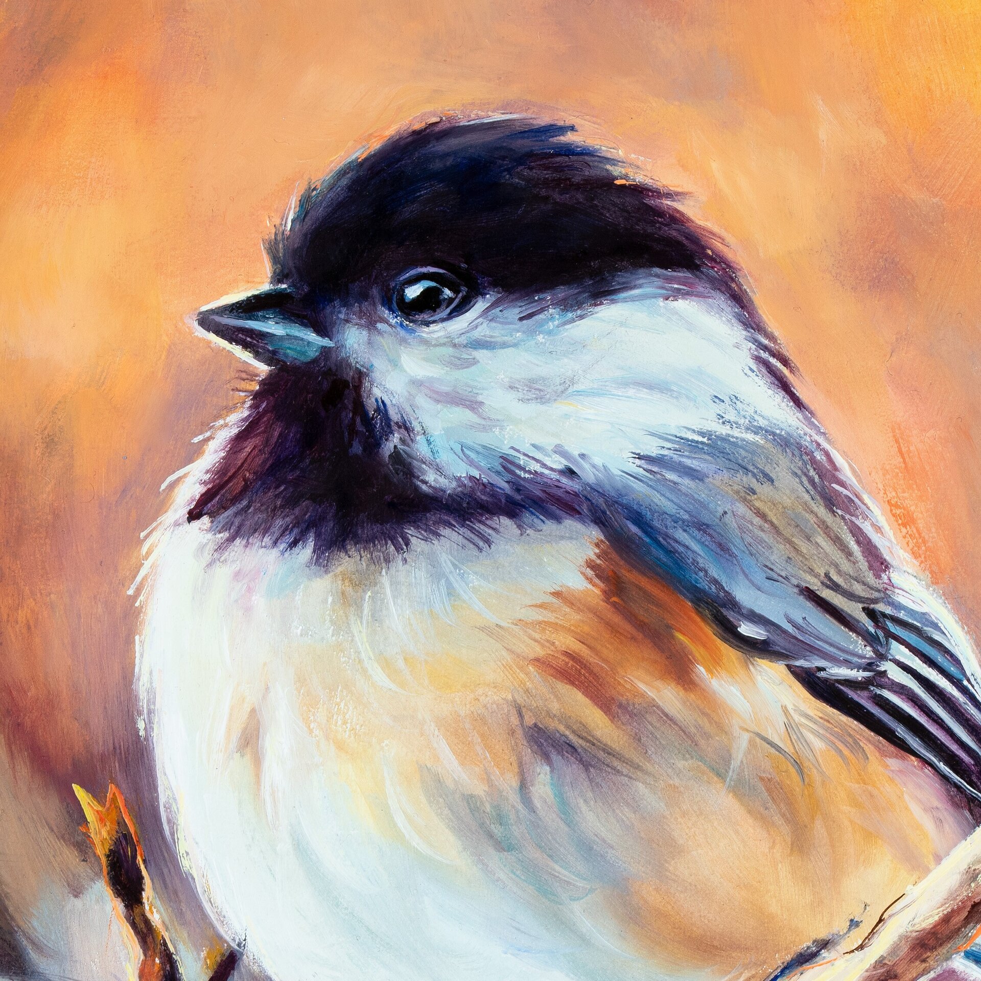 Pintura al óleo de pájaro carbonero cabecinegro sobre una rama del bosque - 8
