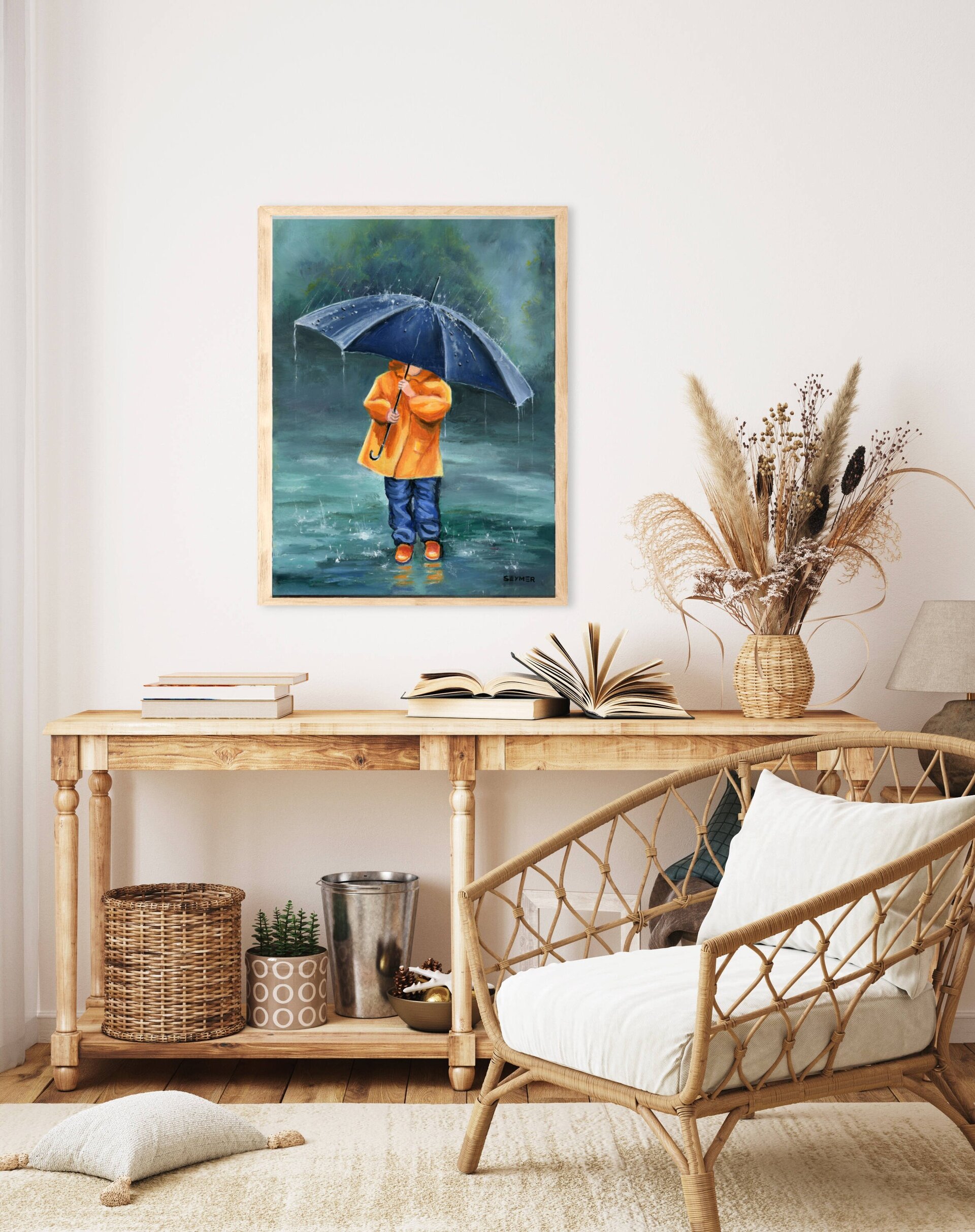 Niña con paraguas e impermeable en día de lluvia con charcos, pintura infantil - 5