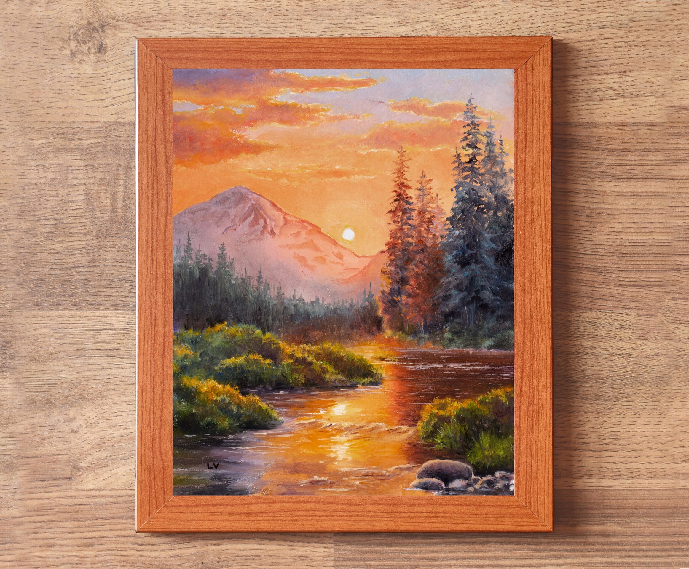 Río de montaña al atardecer con abetos, Paisaje de cielo vibrante, tonos cálidos - 3