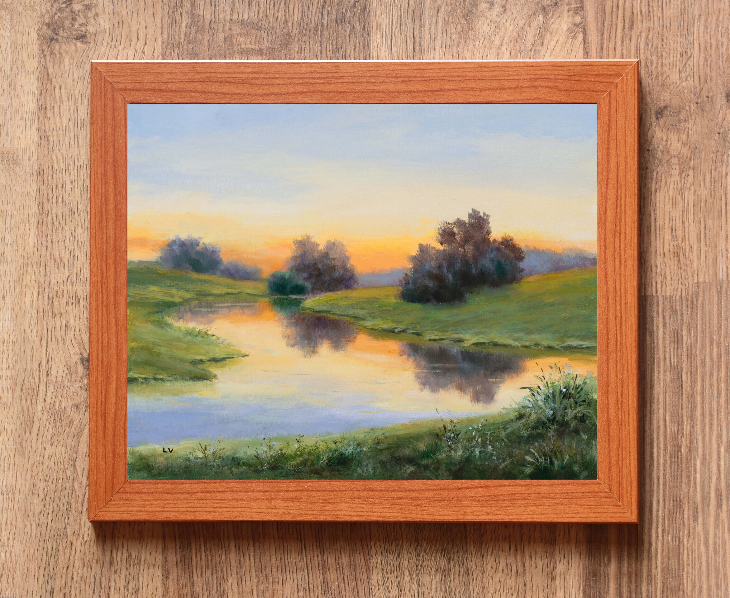 Óleo de pintoresco río inglés de agua tranquila con reflejos y cielo anaranjado - 3