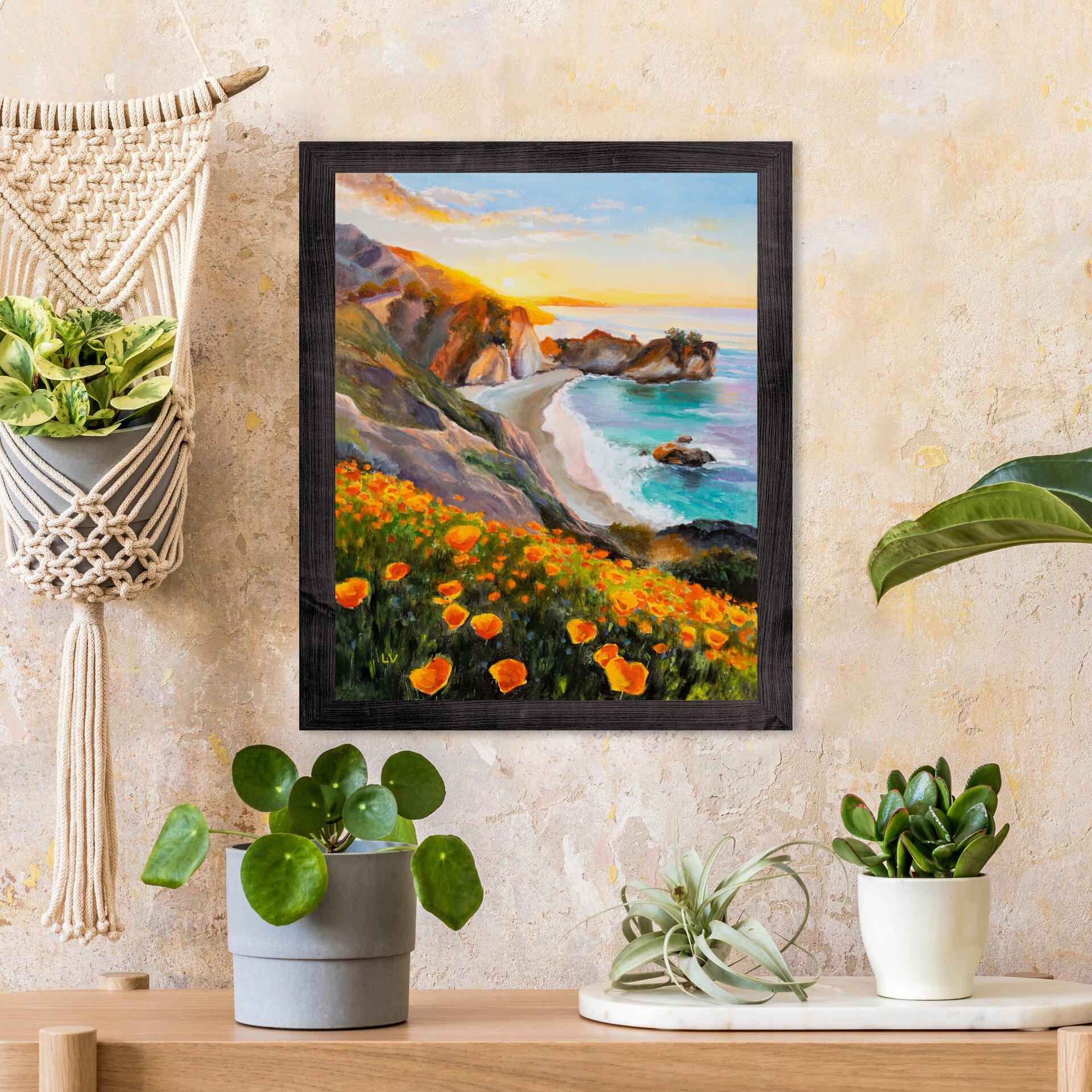 Pintura de playa de California, Mar de agua turquesa con rocas en puesta de sol - 5