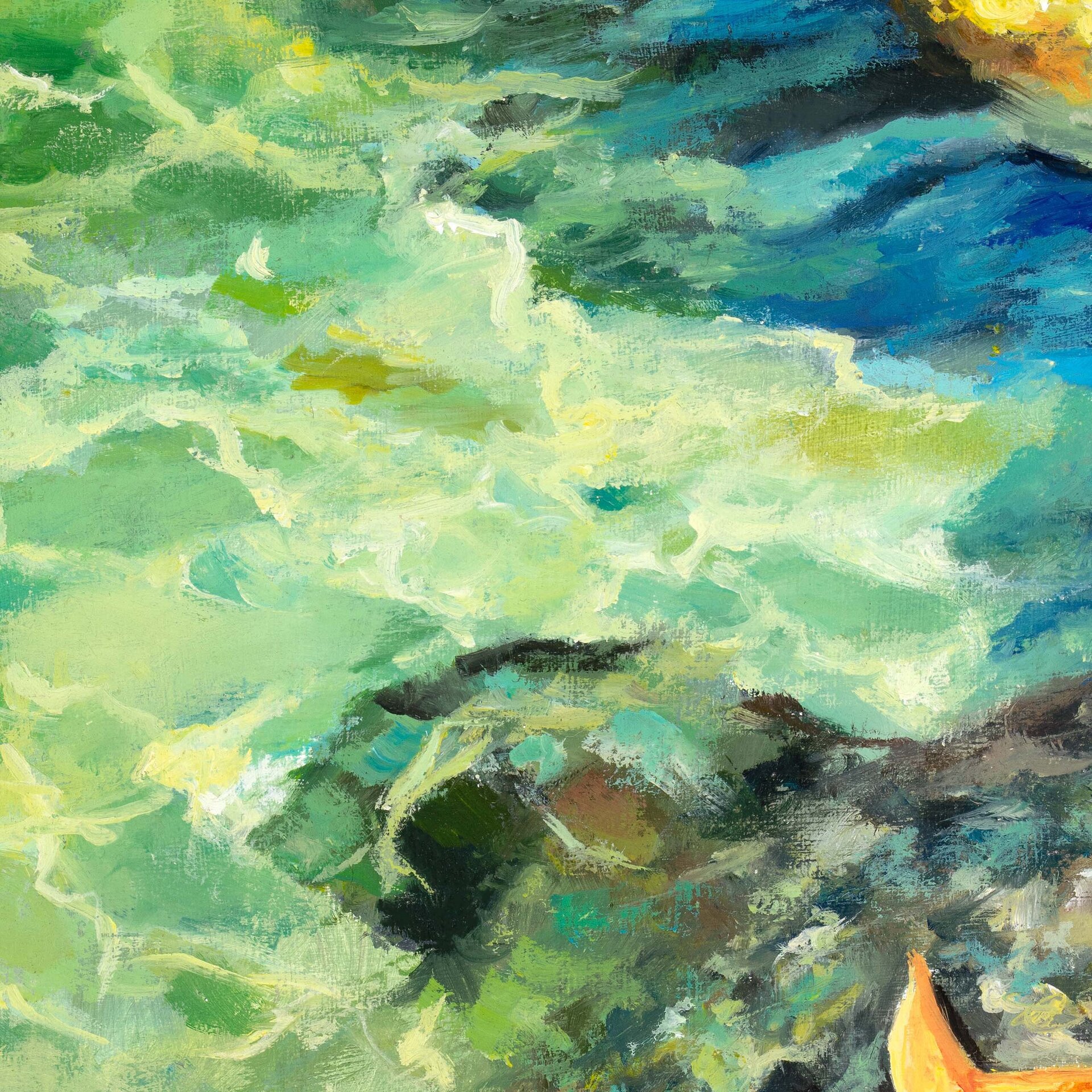 Cuadro al óleo de estrella de mar, Paisaje de océano con rocas, agua y olas - 10
