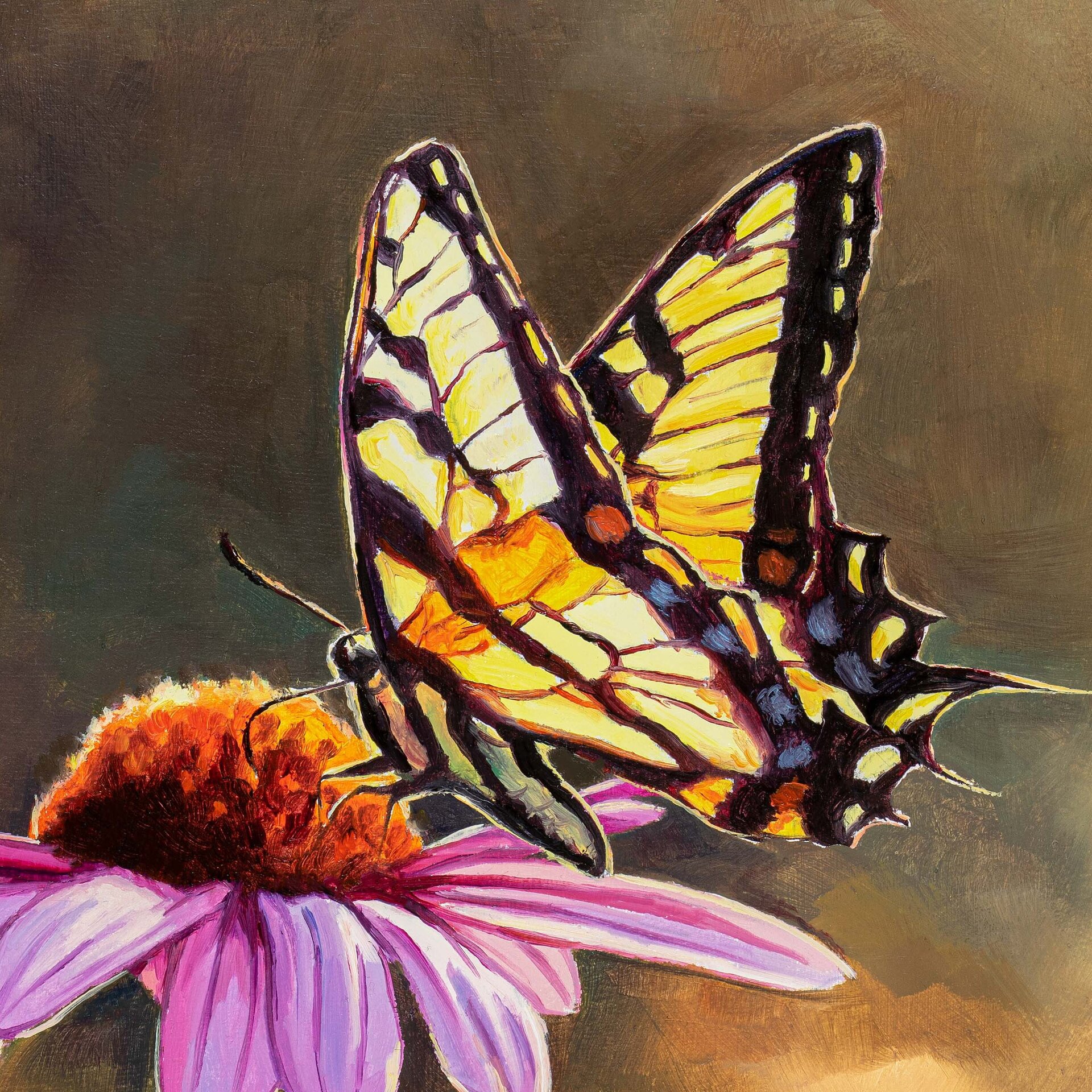 Cuadro al óleo de mariposa papilio sobre una margarita rosa, Ilustración insecto - 7