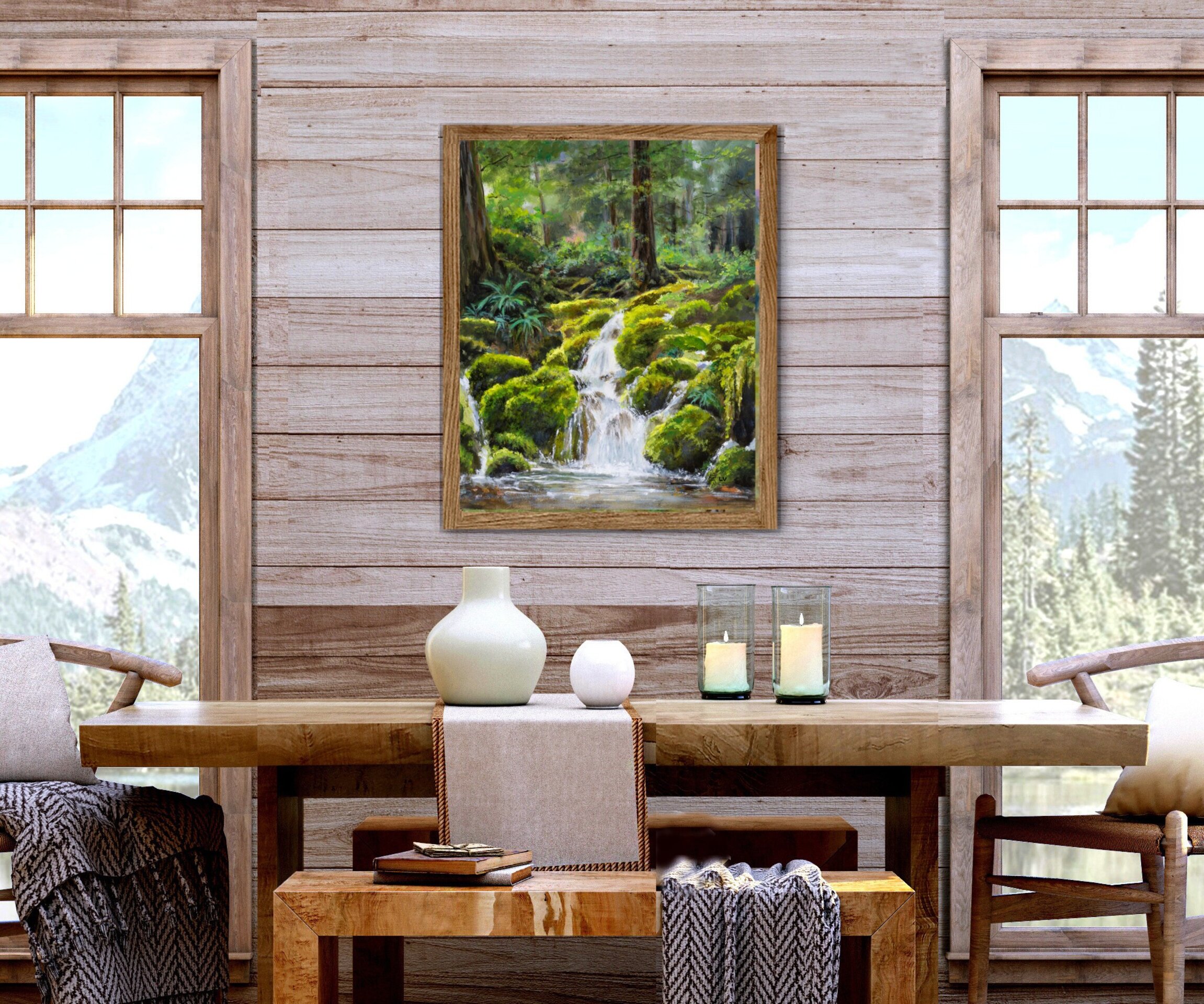 Pintura realista de río forestal con cascada y piedras cubiertas de musgo verde - 8