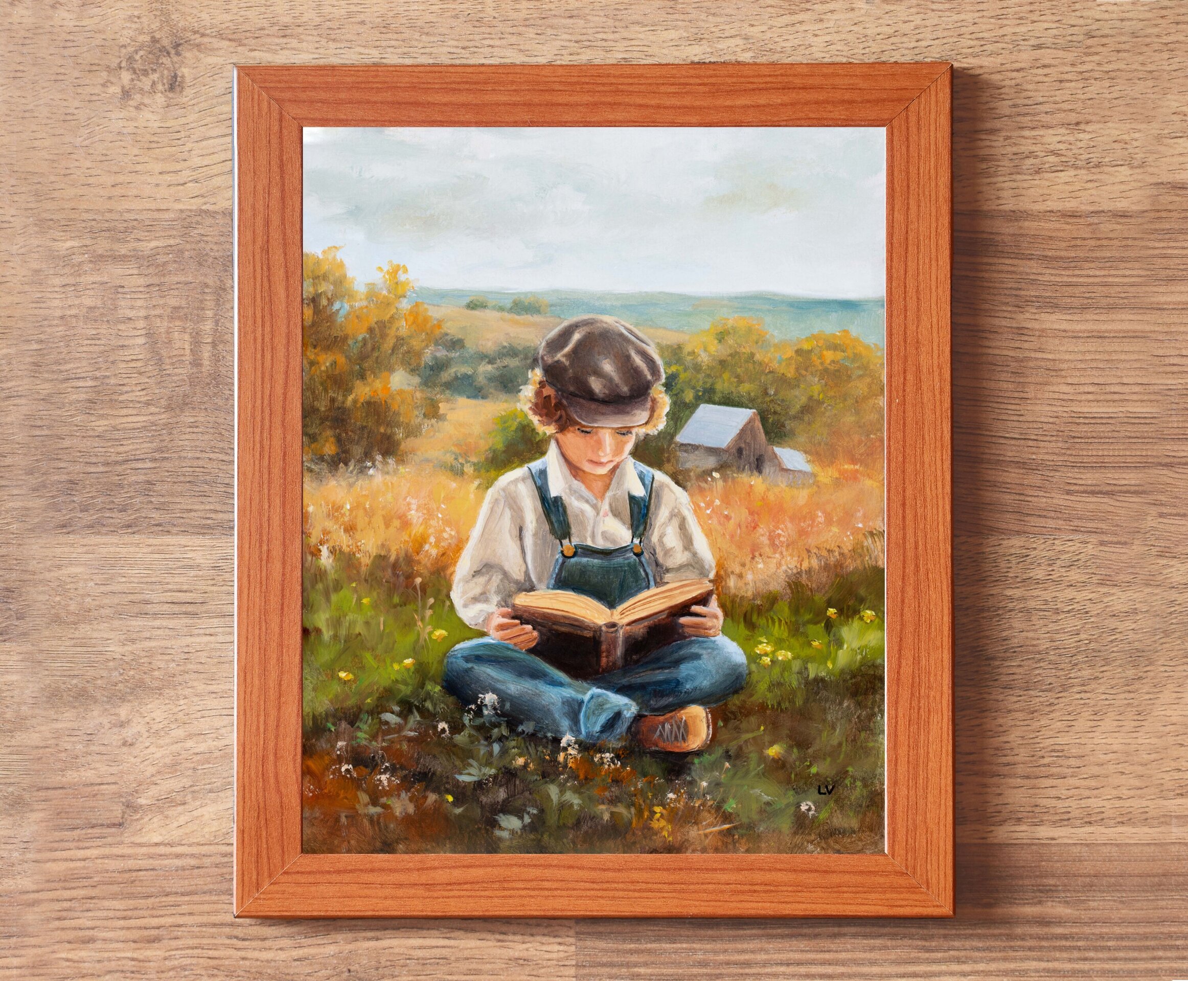 Pintura de niño campesino en la granja con un libro. Nostalgia de vida campestre - 3