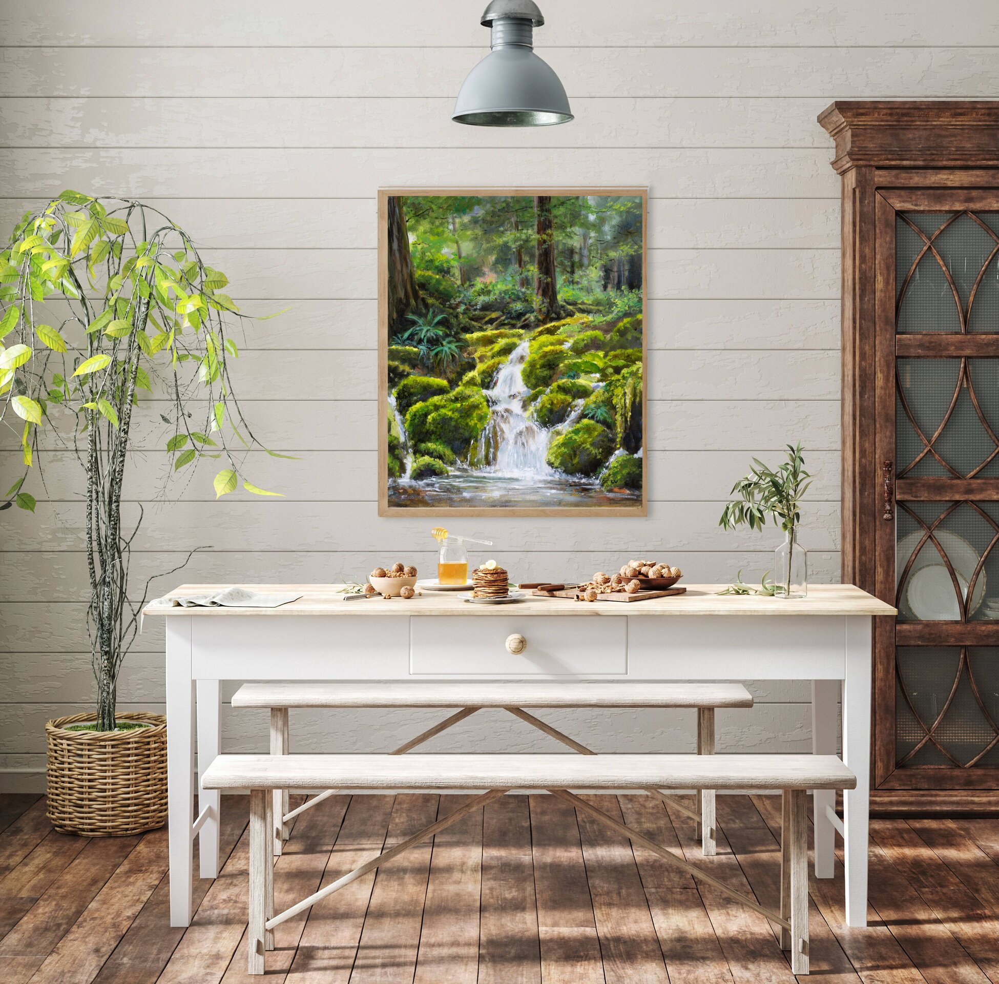 Pintura realista de río forestal con cascada y piedras cubiertas de musgo verde - 7