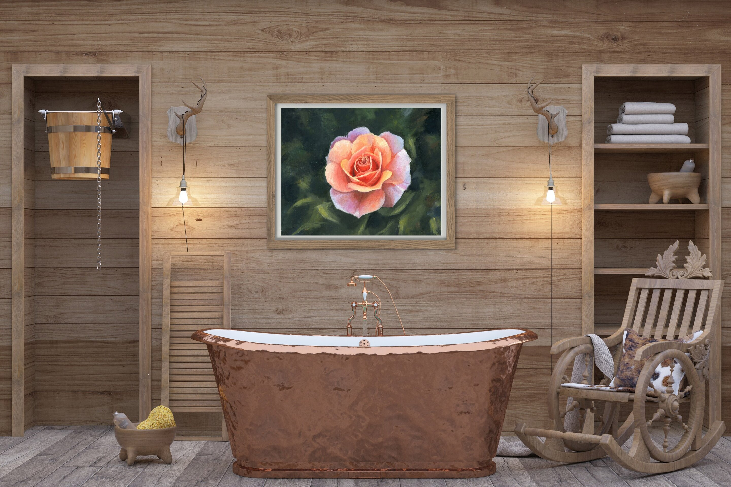 Pintura de Rosa delicada en jardín con plantas verdes. Sofisticación y elegancia - 9