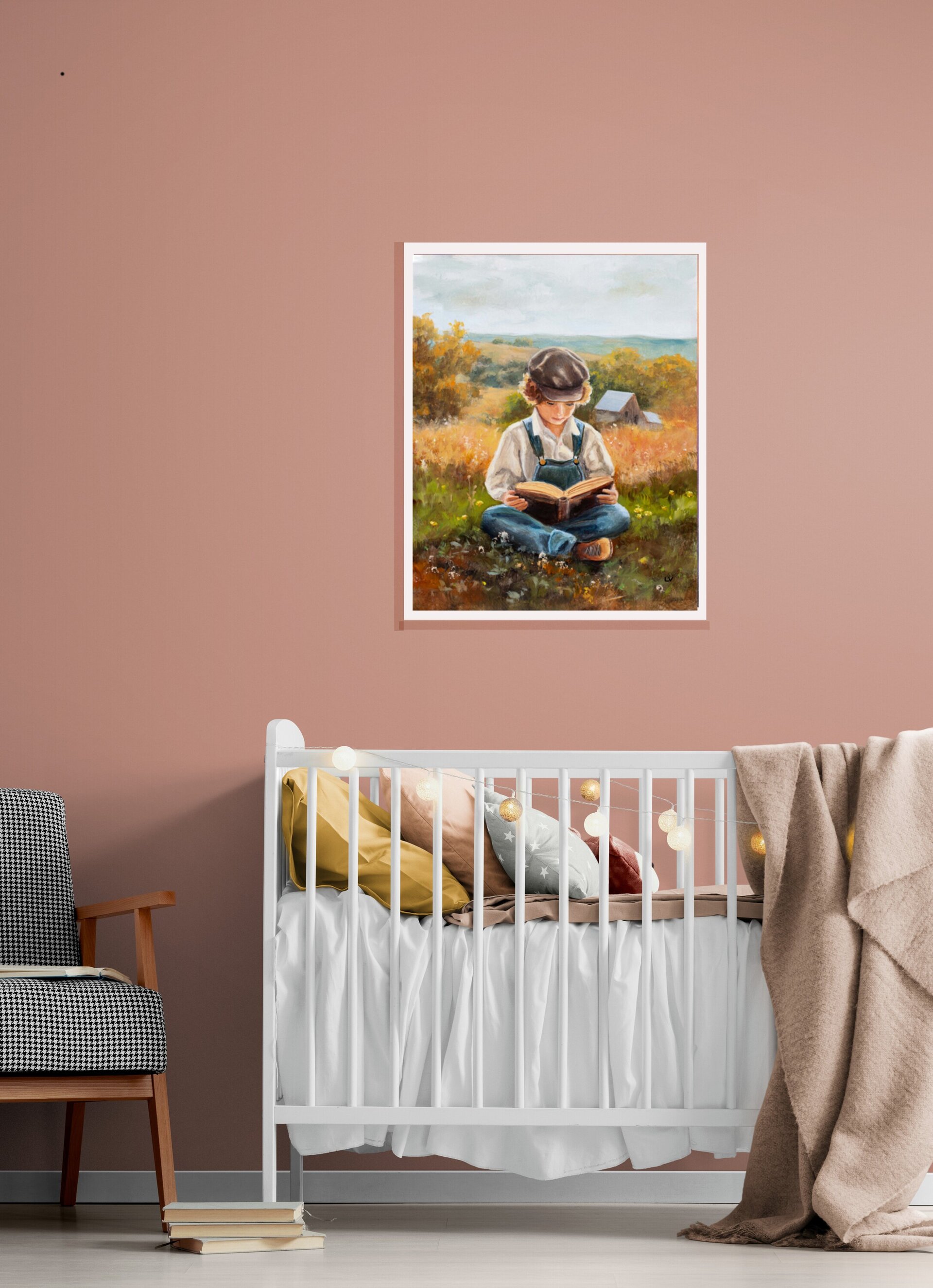 Pintura de niño campesino en la granja con un libro. Nostalgia de vida campestre - 9