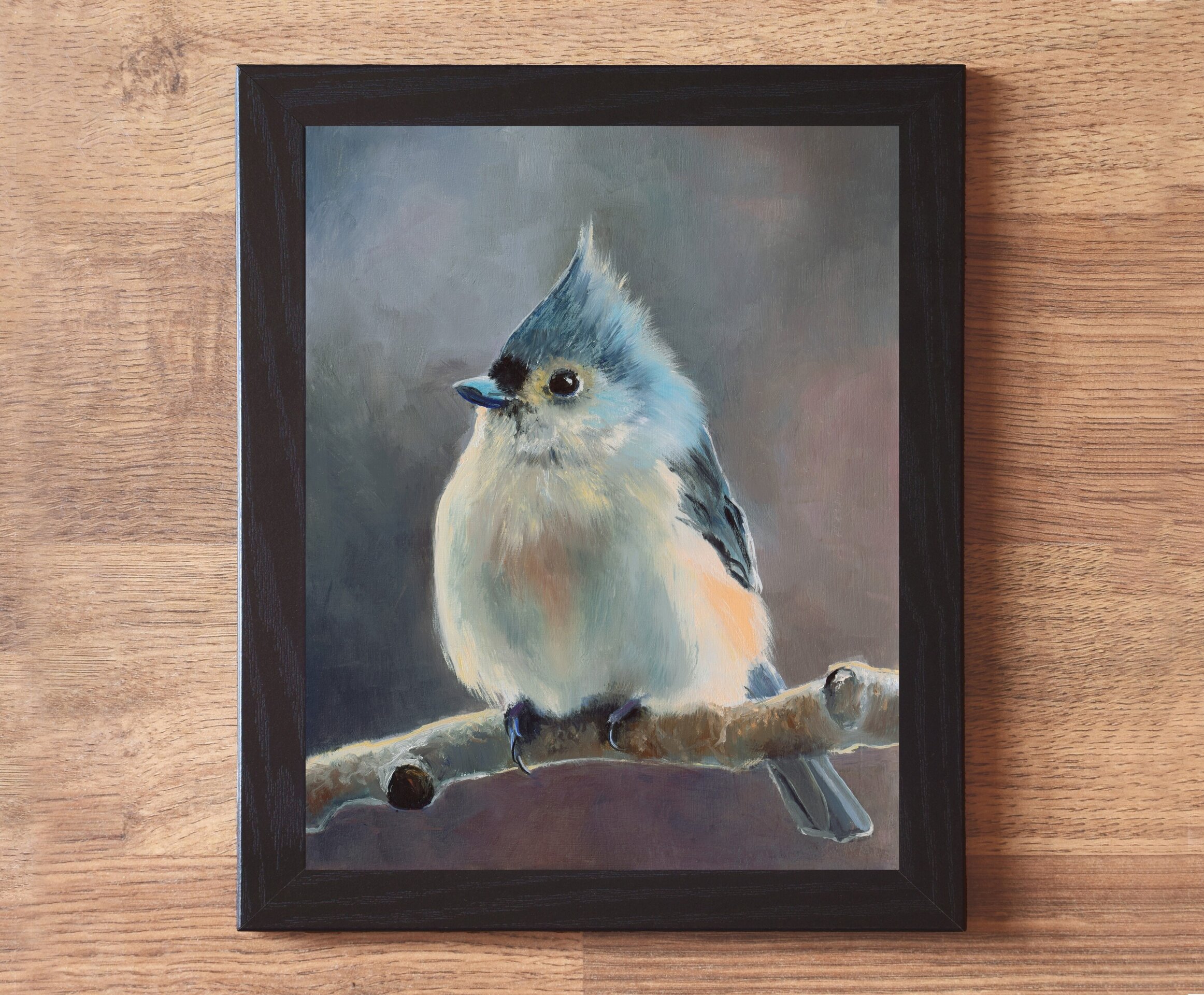 Óleo de pájaro herrerillo azul sobre rama árbol, Pintura realista de ornitologia - 2