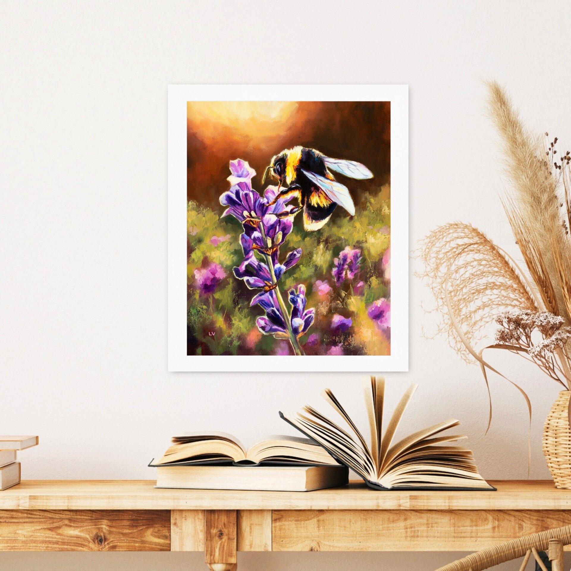 Pintura de abejorro en una flor de lavanda morada, Cuadro a óleo floral colorido - 10