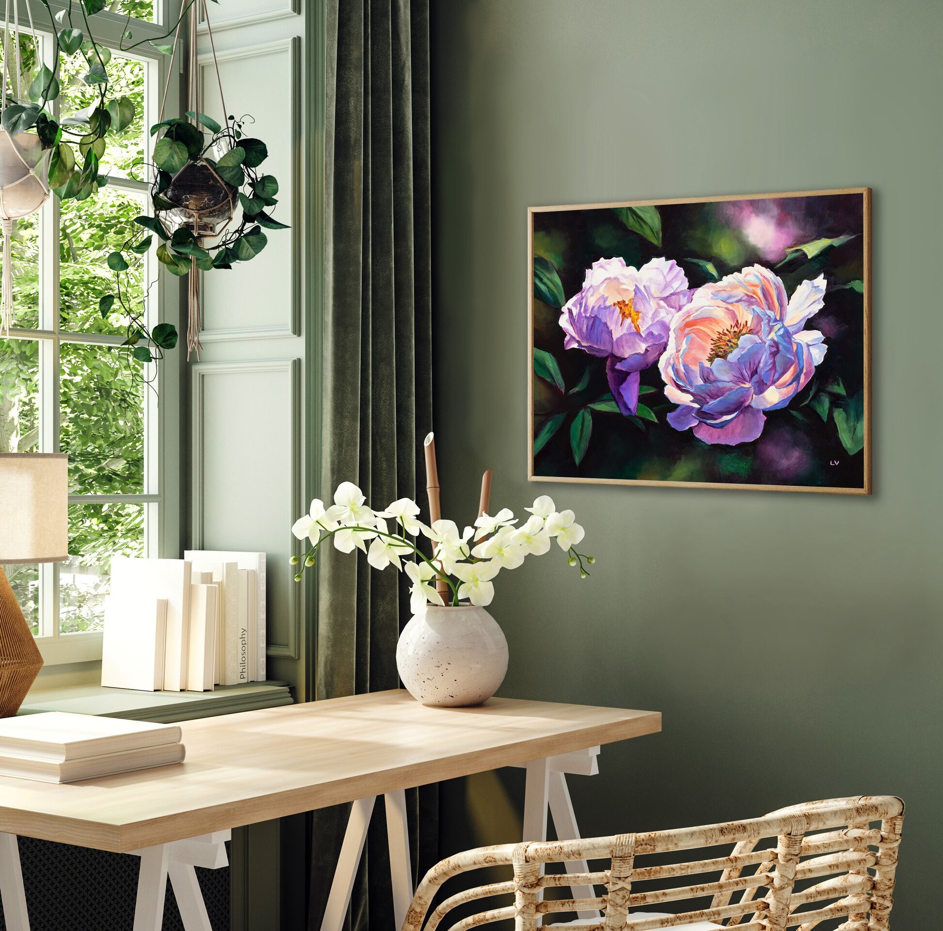 Bodegón floral con peonías rosa de jardín, Pintura botánica al óleo realista - 8