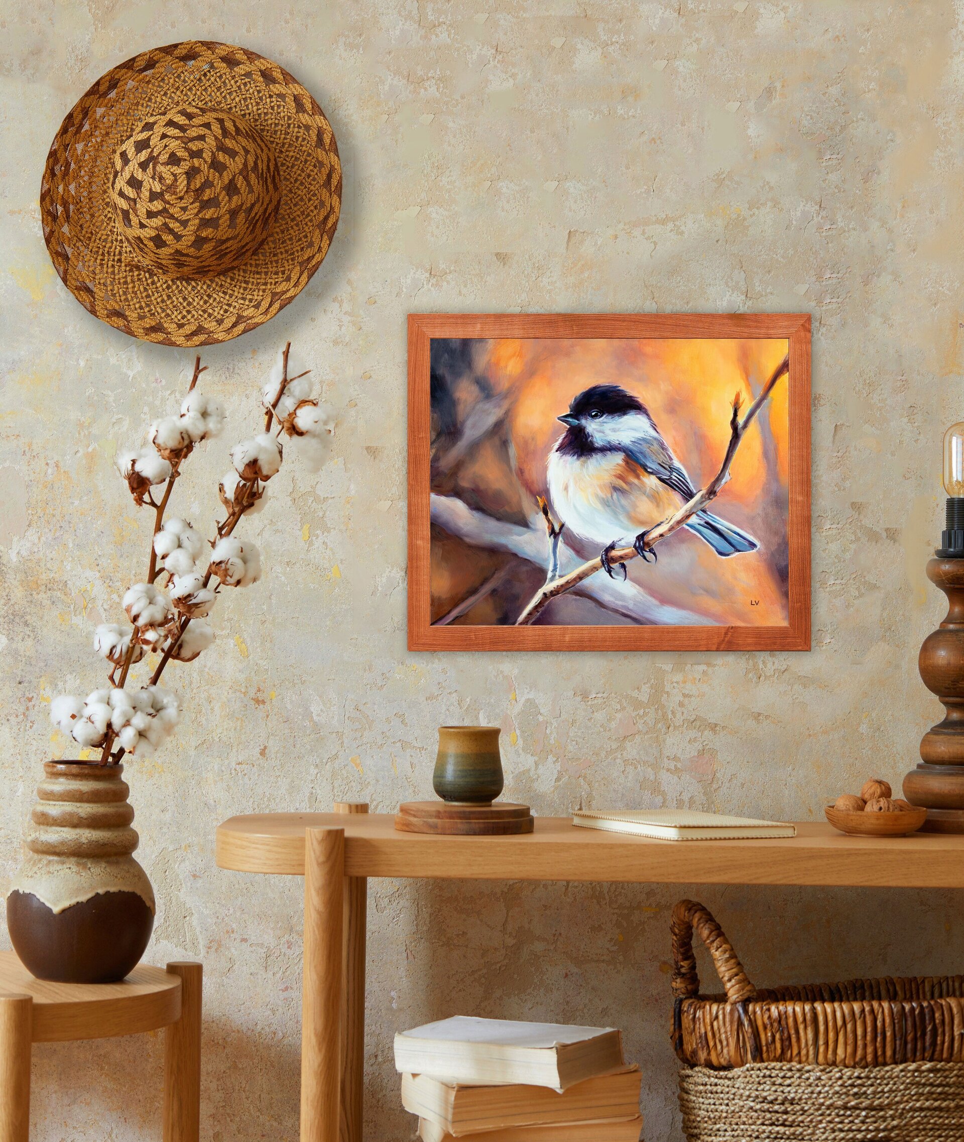 Pintura al óleo de pájaro carbonero cabecinegro sobre una rama del bosque - 5