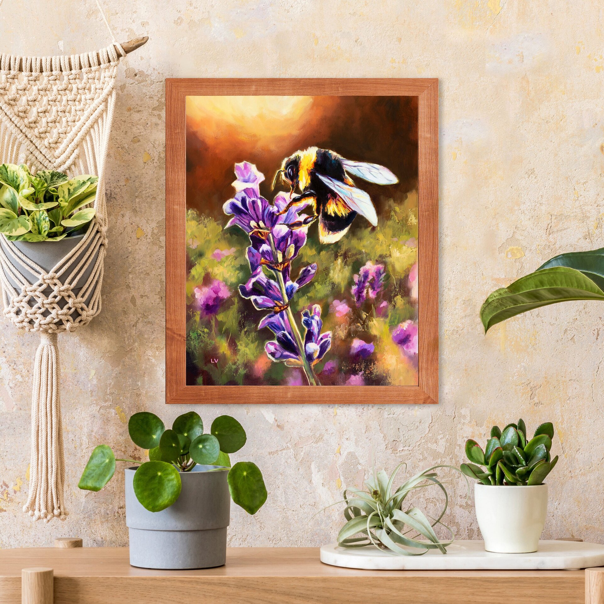 Pintura de abejorro en una flor de lavanda morada, Cuadro a óleo floral colorido - 7