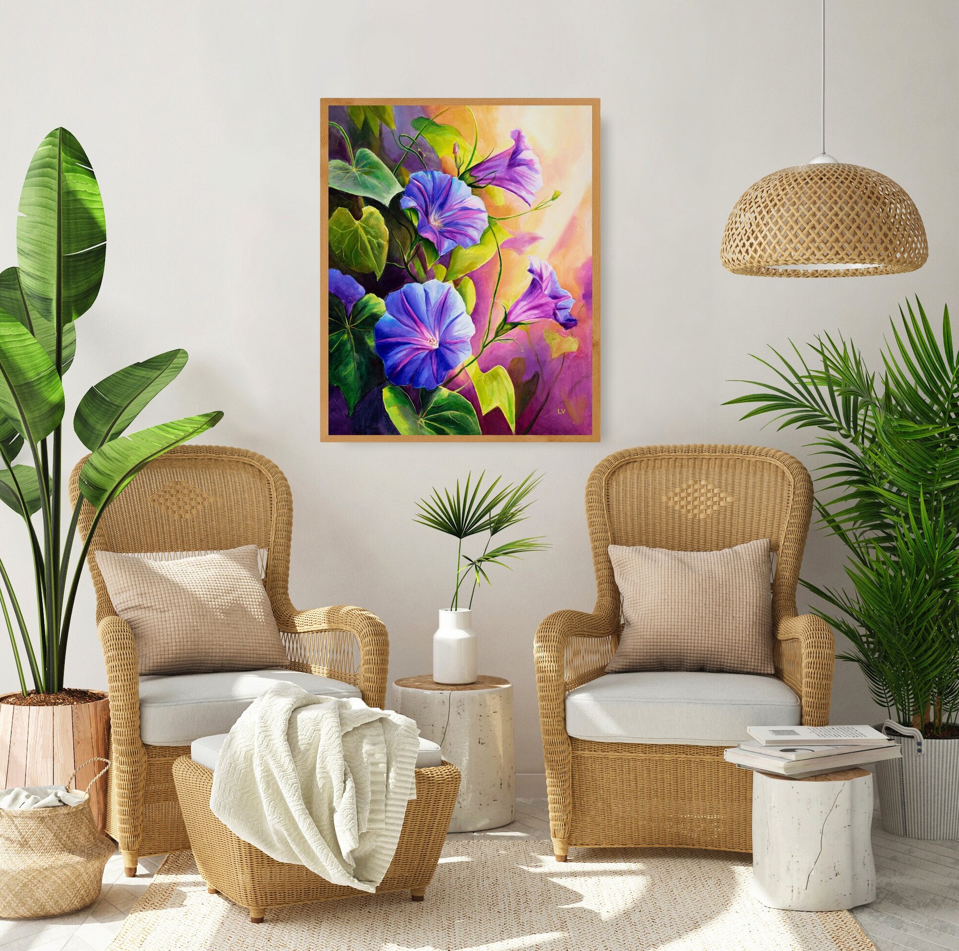 Flores de campanilla moradas en el jardín cuadro al óleo, Pintura botánica - 5