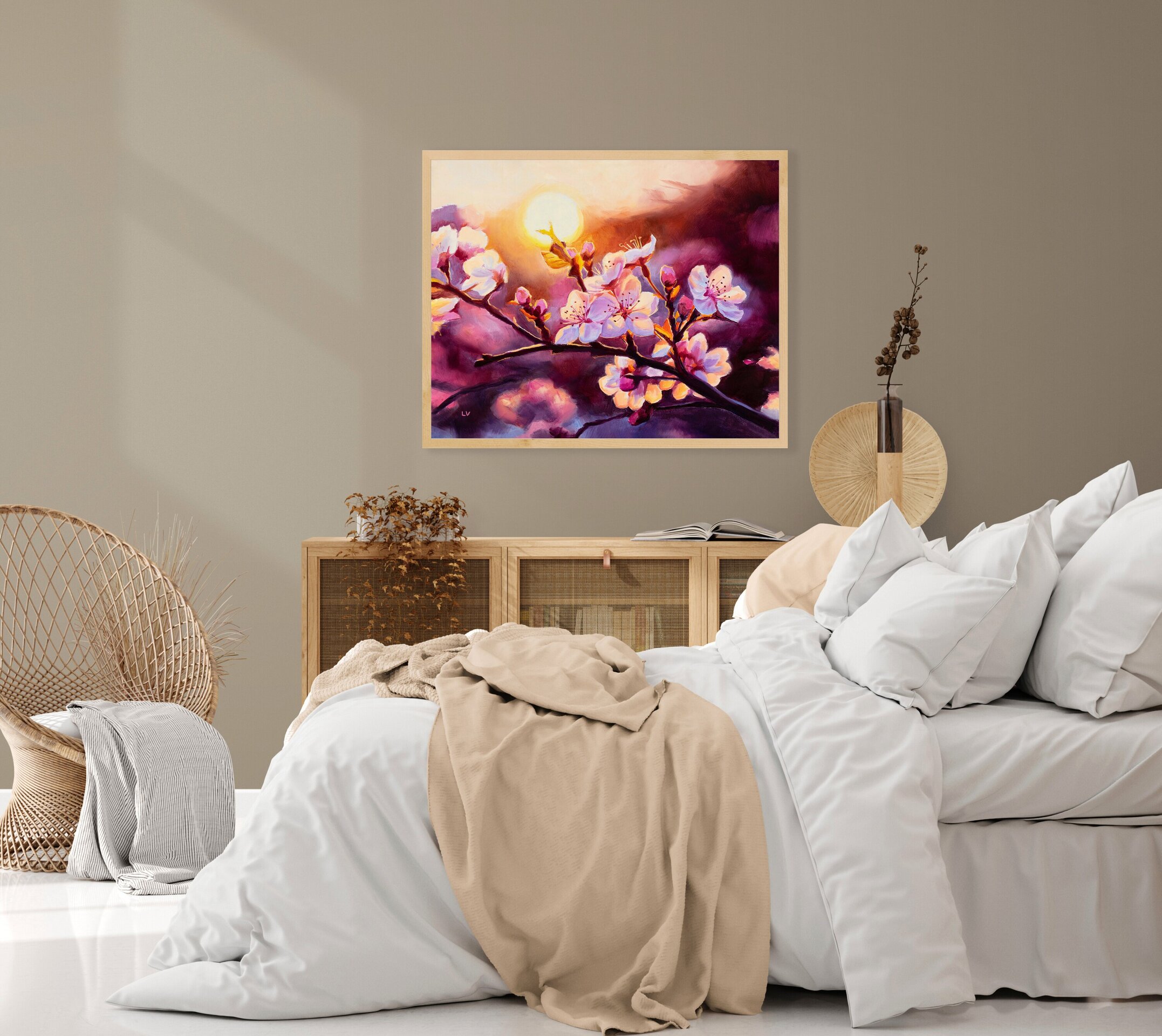 Pintura al óleo de cerezos en flor al atardecer, Cuadro floral rosa botánico - 5
