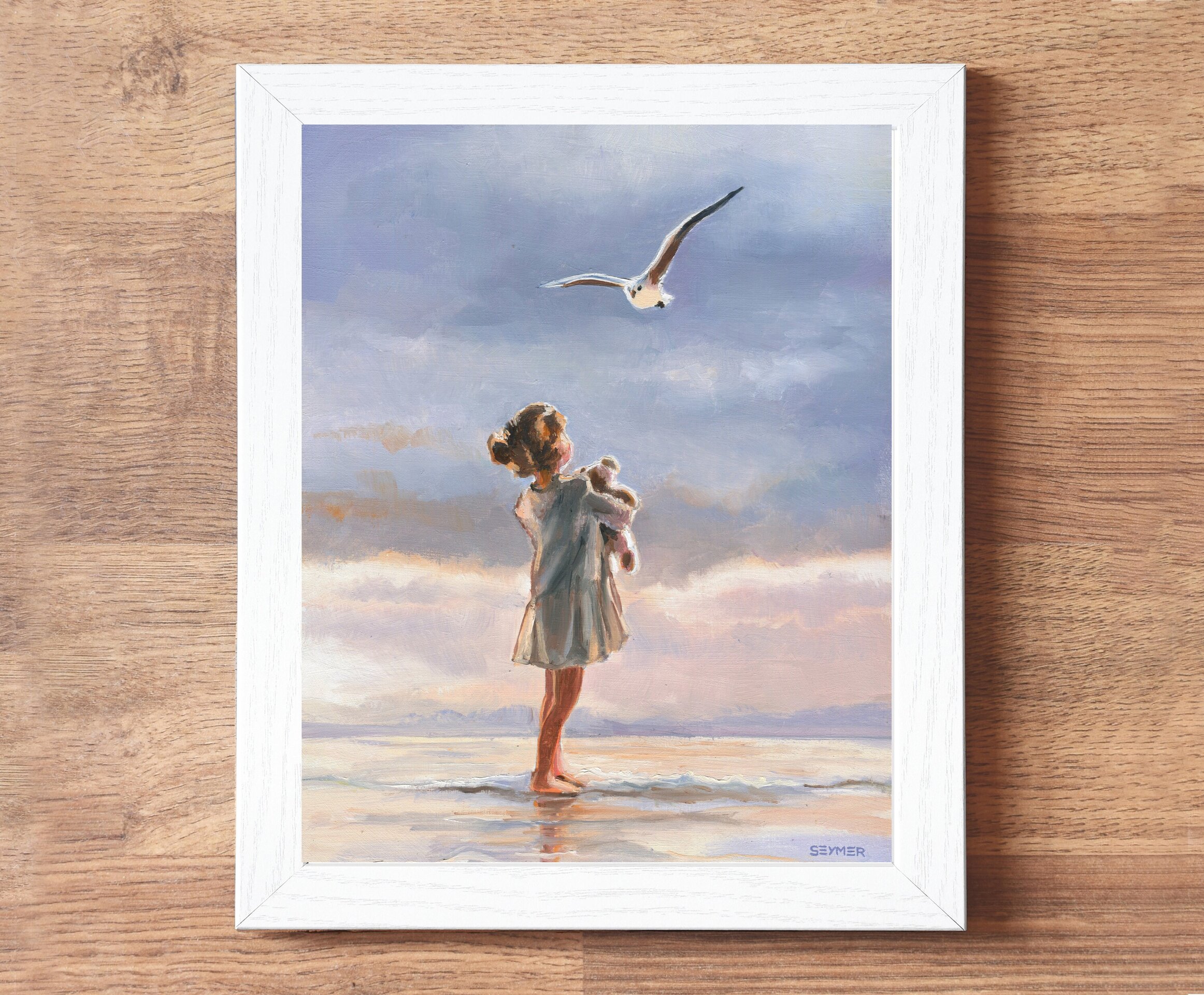 Pintura de niña en la playa con gaviota volando sobre el mar, Sentimiento de paz - 4
