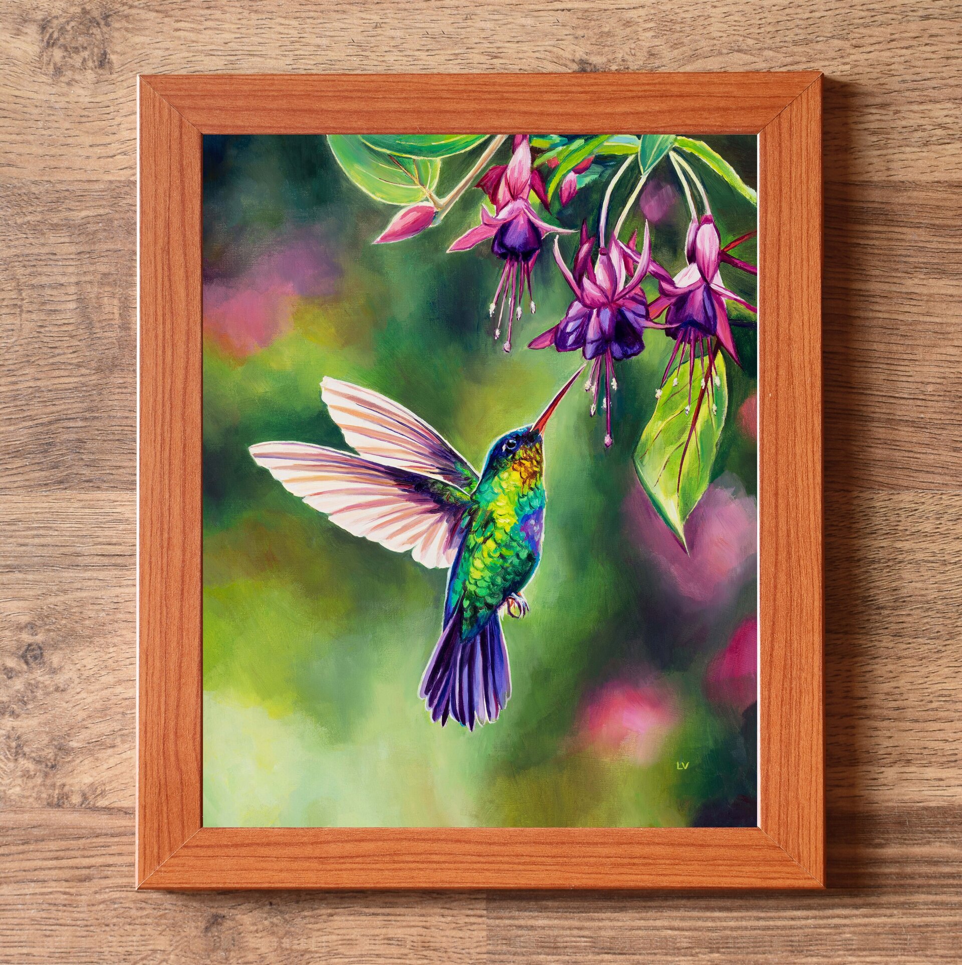 Pájaro colibrí volando con flores tropicales, Cuadro al óleo de ave exótica - 3